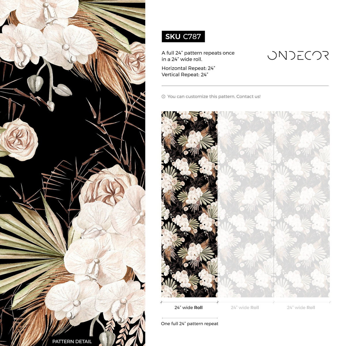 Black Boho Floral Wallpaper / Peel and Stick Wallpaper Removable Wallpaper Home Decor Wall Art Wall Decor Room Decor - C787