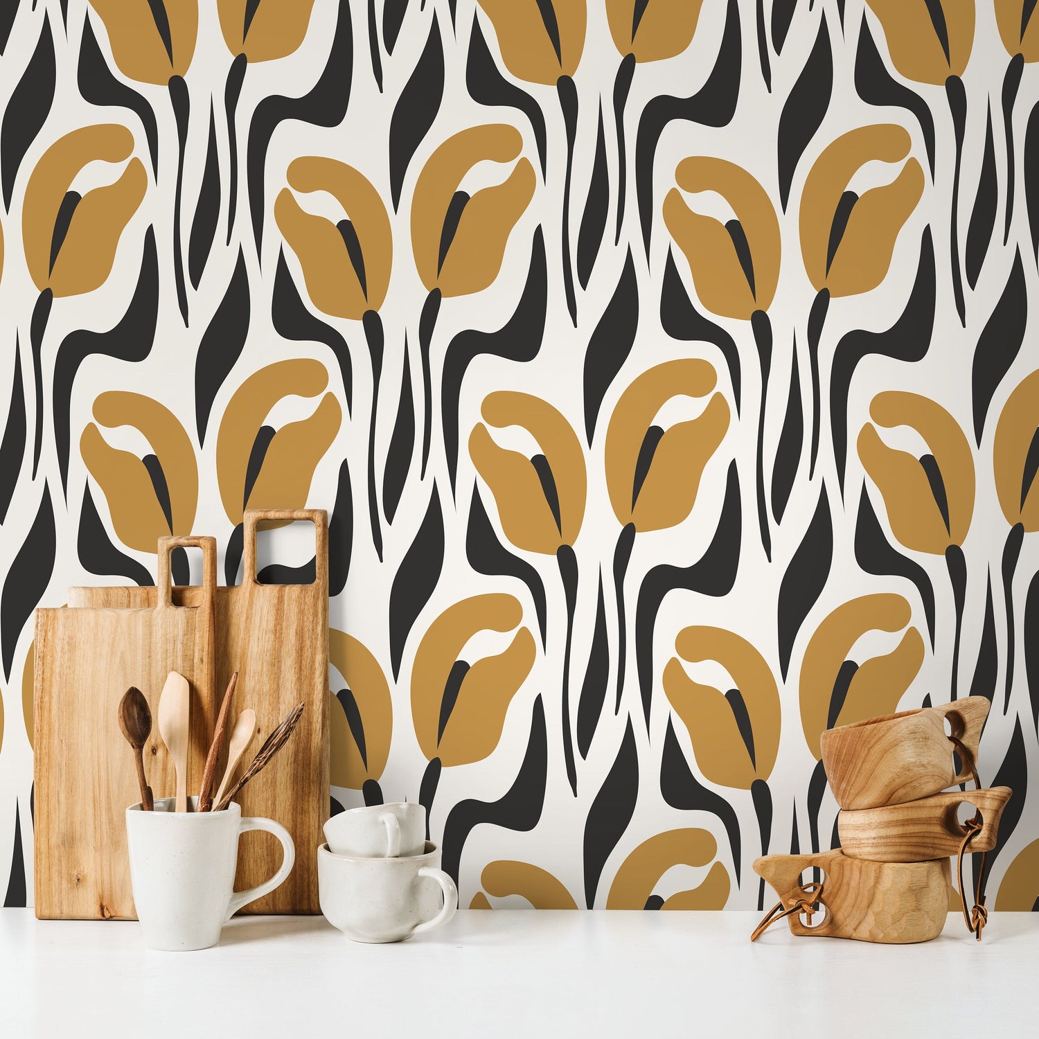 Retro Yellow Floral Wallpaper Vintage Wallpaper Peel and Stick and Traditional Wallpaper - D654