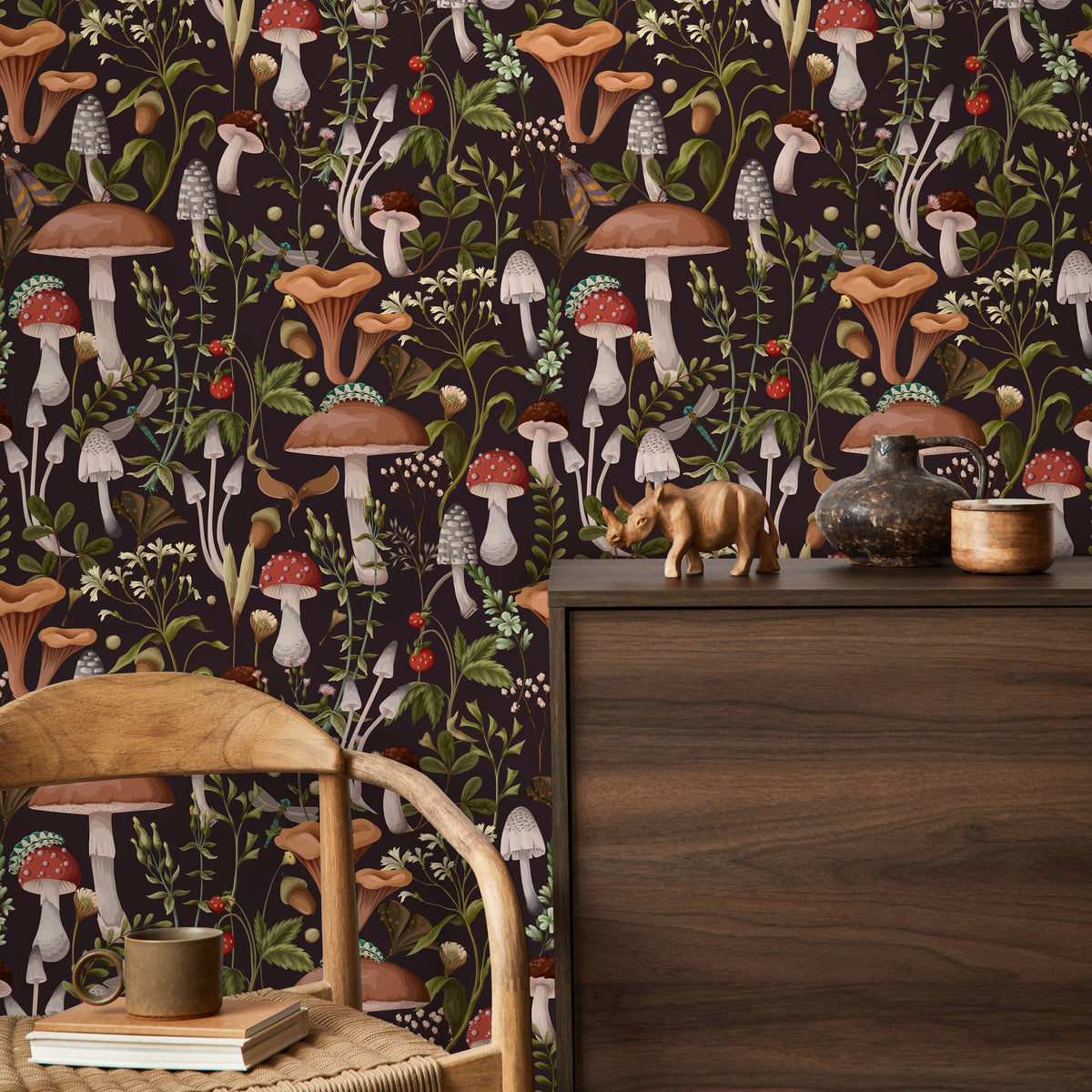 Botanical Mushroom Wallpaper Dark Floral Wallpaper Peel and Stick and Traditional Wallpaper - D816
