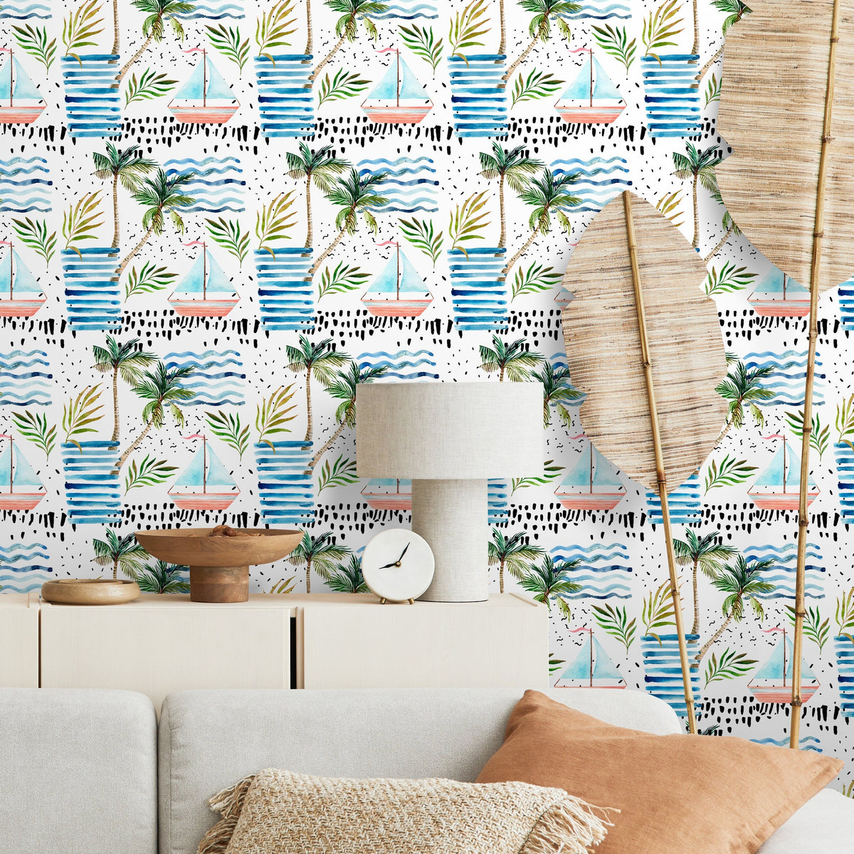 Palm Tree Wallpaper, Removable Wallpaper, Beach Wallpaper, Palm Leaves, Tropical Wall Decor, Jungle Wallpaper - A185
