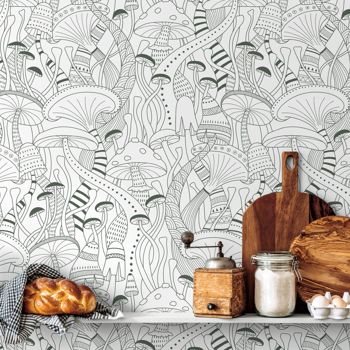 Green Mushroom Wallpaper Modern Peel and Stick and Traditional Wallpaper - D812