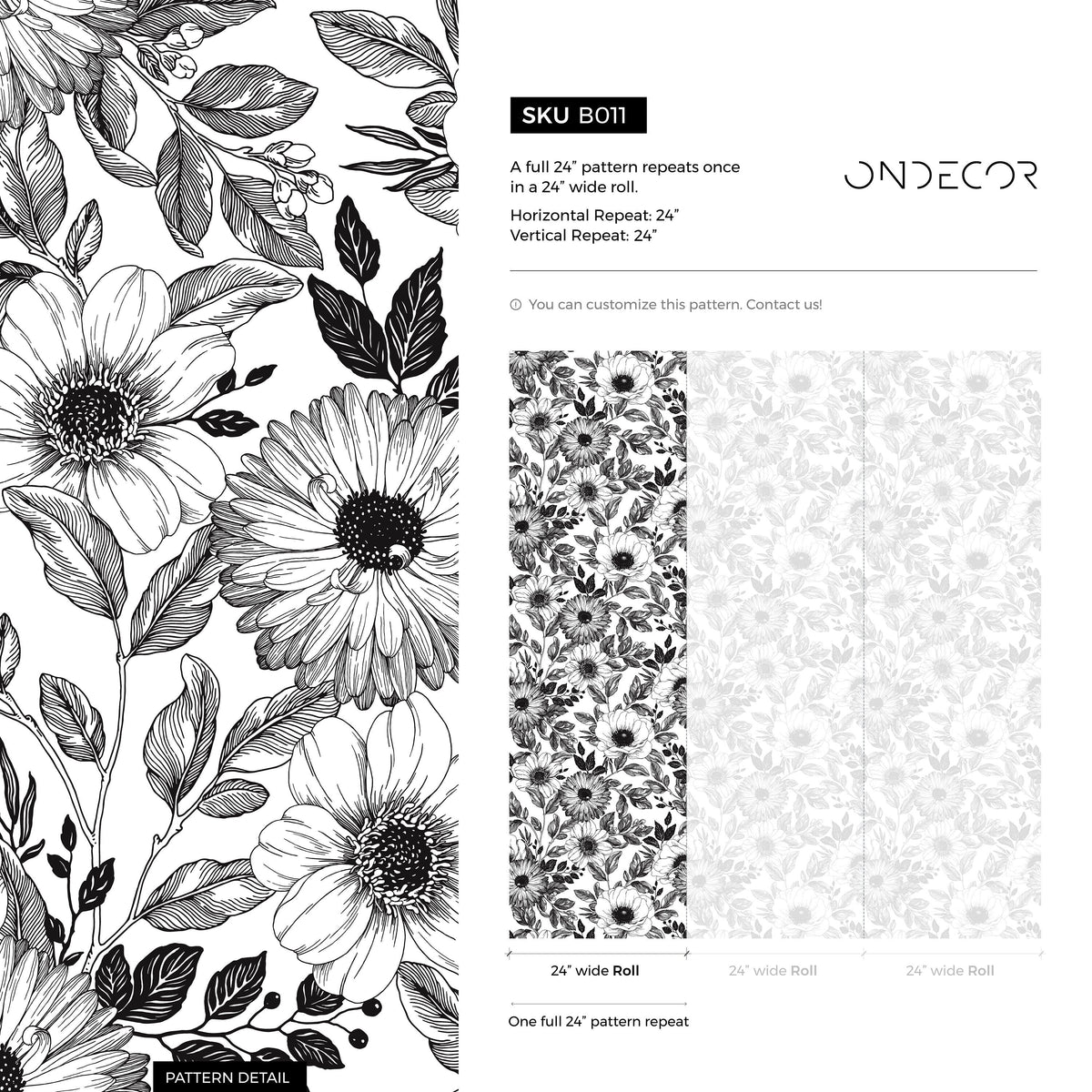 Wall Decor Wallpaper Peel and Stick Wallpaper Removable Wallpaper Home Decor Wall Art Room Decor / Black and White Floral Wallpaper - B011
