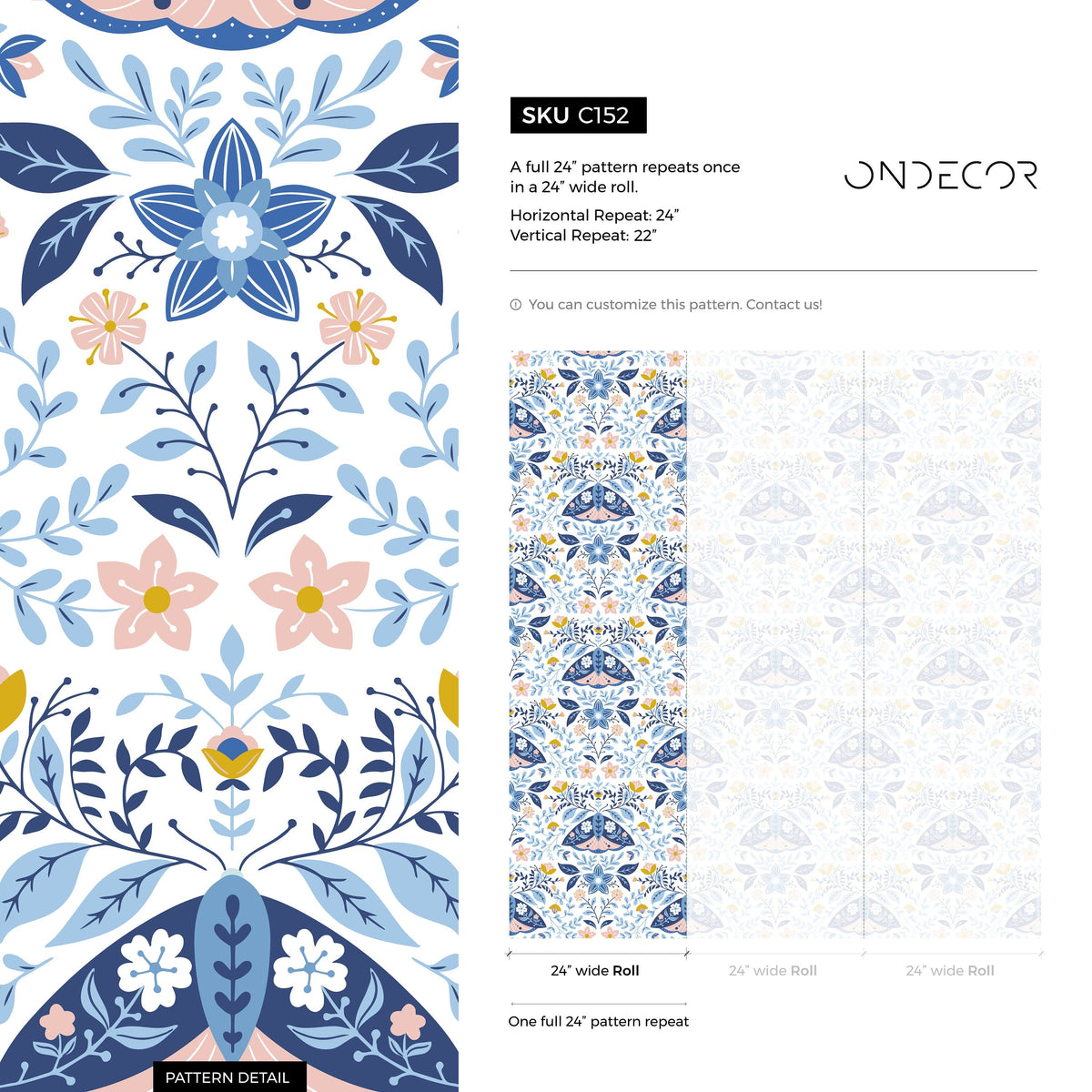 Removable Wallpaper Wall Mural Peel and Stick Wallpaper Self Adhesive Wall Decor Home Decor / Blue Floral Pattern- C152