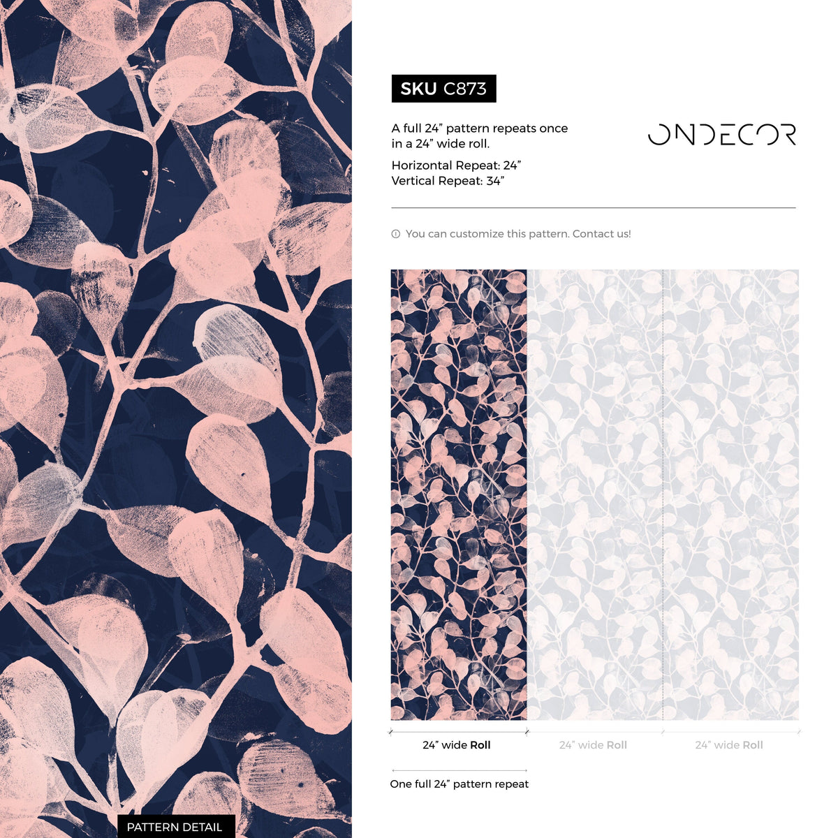 Pink and Navy Leaf Wallpaper / Peel and Stick Wallpaper Removable Wallpaper Home Decor Wall Art Wall Decor Room Decor - C873