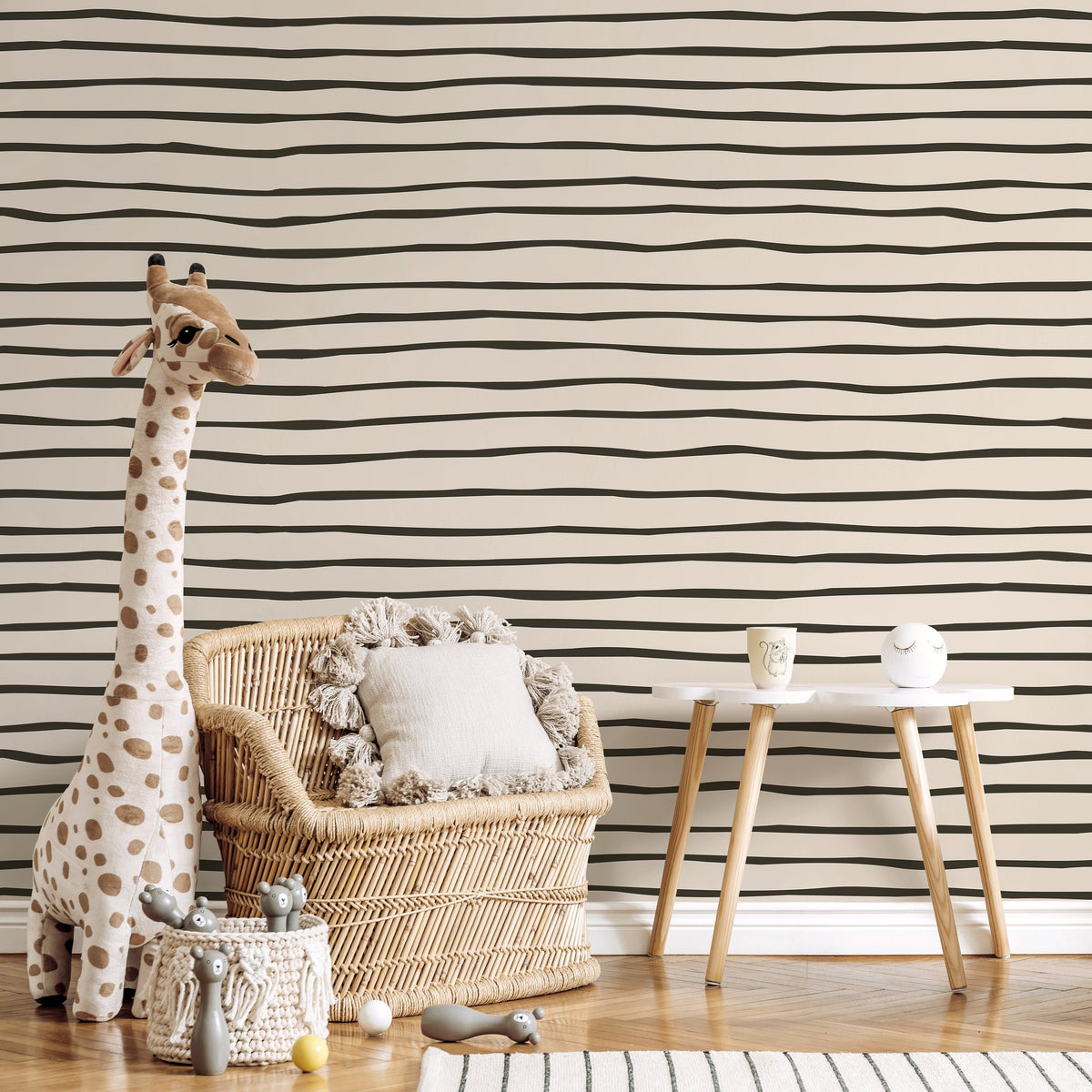 Black and Beige Striped Wallpaper Modern Waves Wallpaper Peel and Stick and Traditional Wallpaper - D777