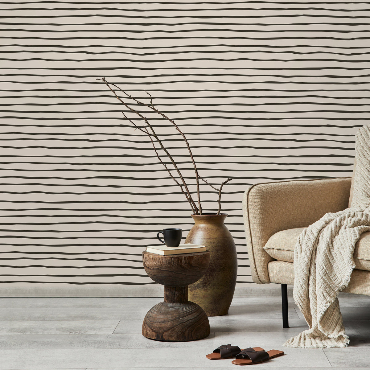 Black and Beige Striped Wallpaper Modern Waves Wallpaper Peel and Stick and Traditional Wallpaper - D777