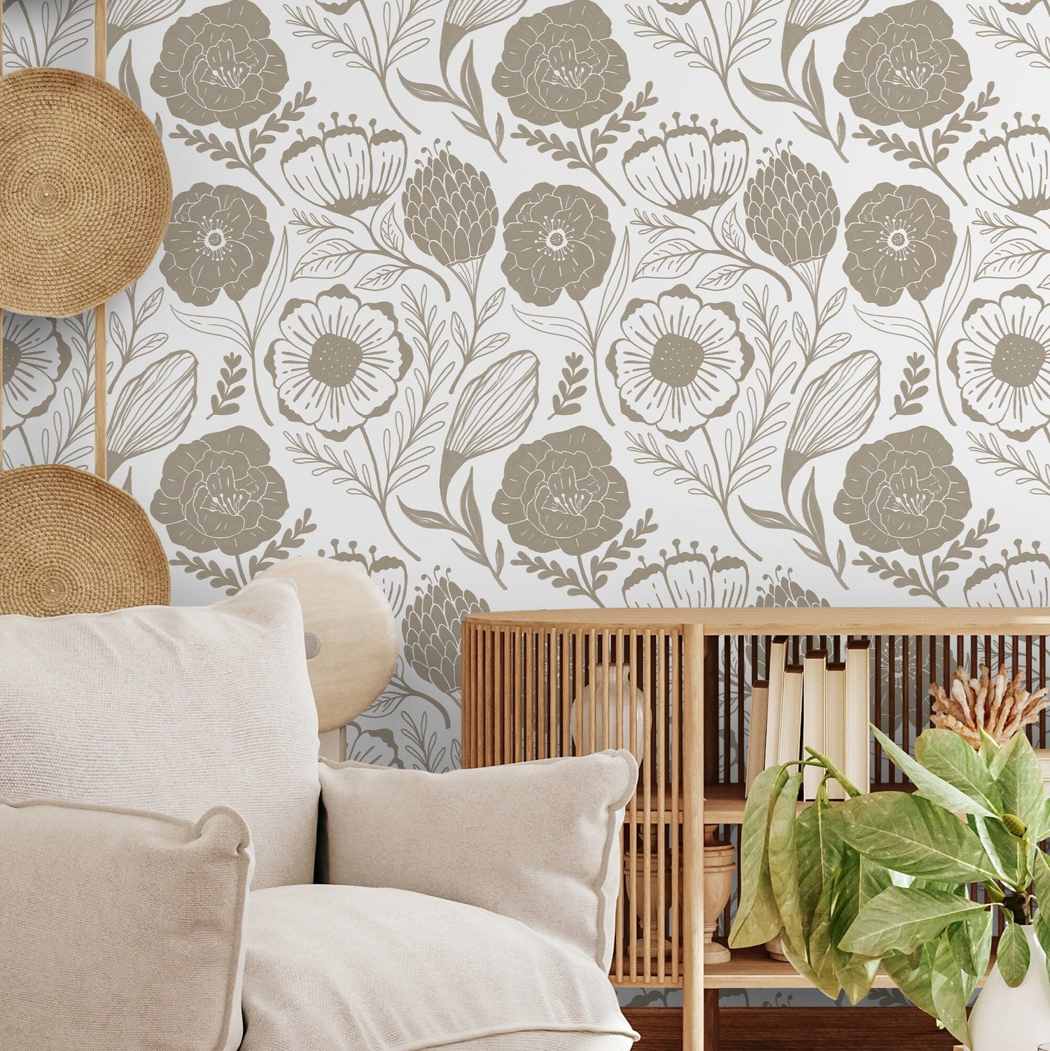 Beige Floral Garden Boho Wallpaper / Wallpaper Peel and Stick Wallpaper Removable Wallpaper Home Decor Wall Art Wall Decor Room Decor - C948