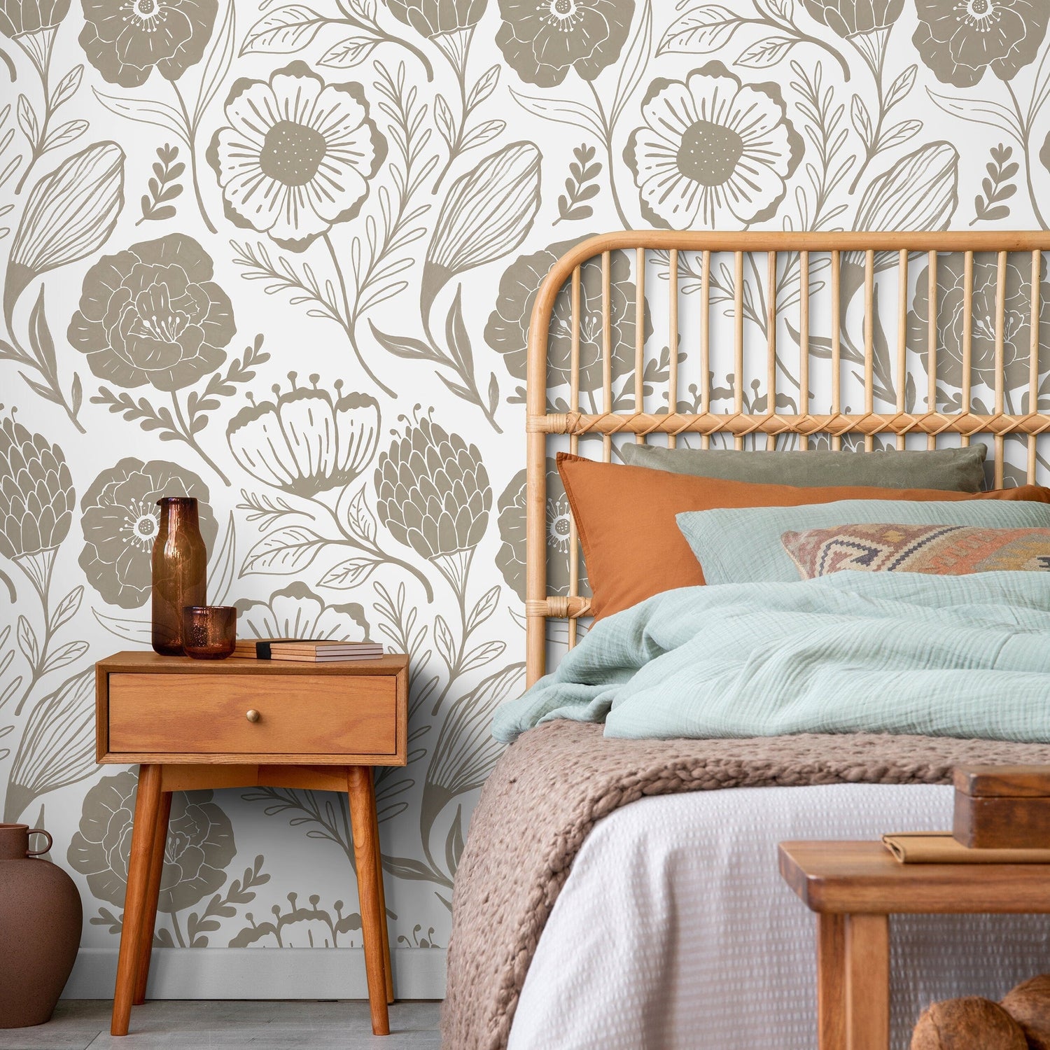 Beige Floral Garden Boho Wallpaper / Wallpaper Peel and Stick Wallpaper Removable Wallpaper Home Decor Wall Art Wall Decor Room Decor - C948