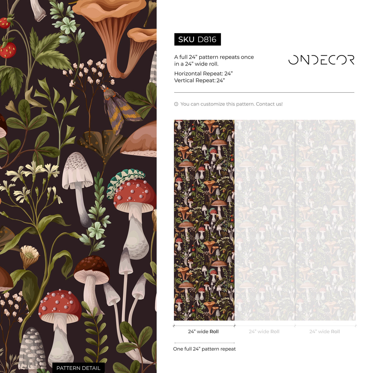 Botanical Mushroom Wallpaper Dark Floral Wallpaper Peel and Stick and Traditional Wallpaper - D816
