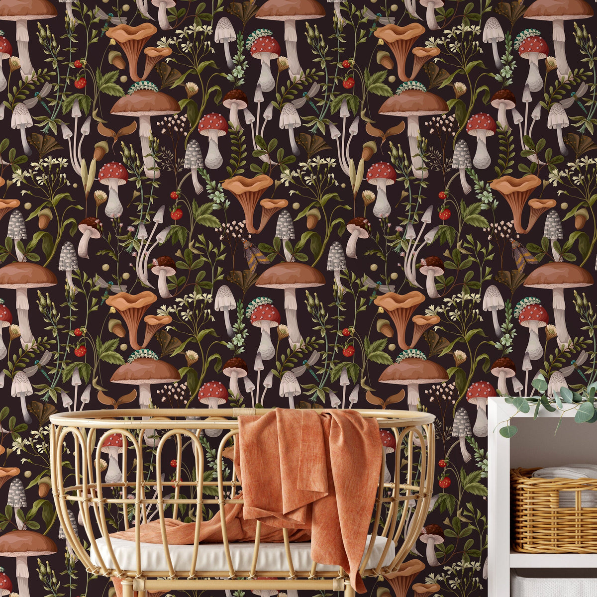 Botanical Mushroom Wallpaper Dark Floral Wallpaper Peel and Stick and Traditional Wallpaper - D816