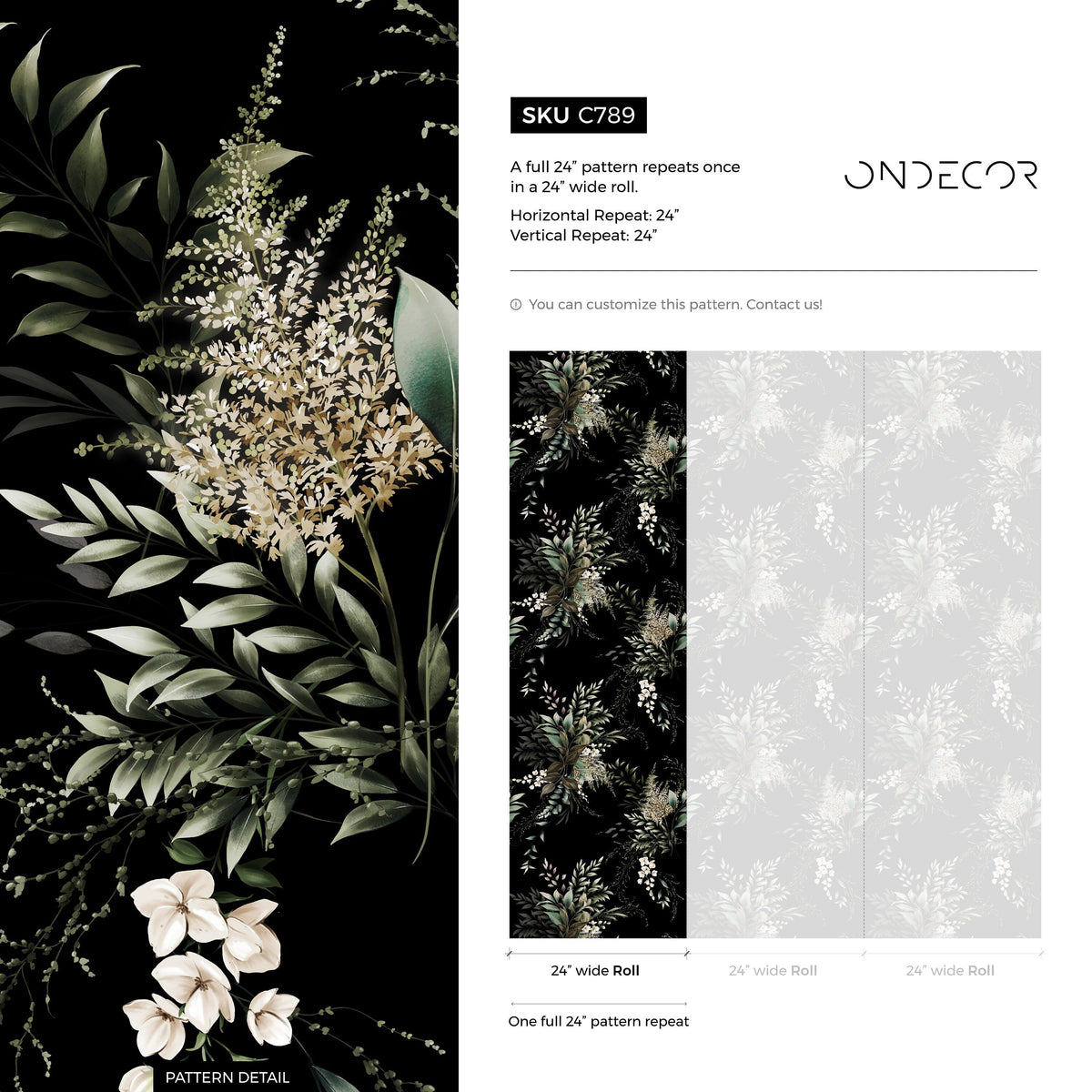 Black Botanical Garden Wallpaper / Wallpaper Peel and Stick Wallpaper Removable Wallpaper Home Decor Wall Art Wall Decor Room Decor - C789