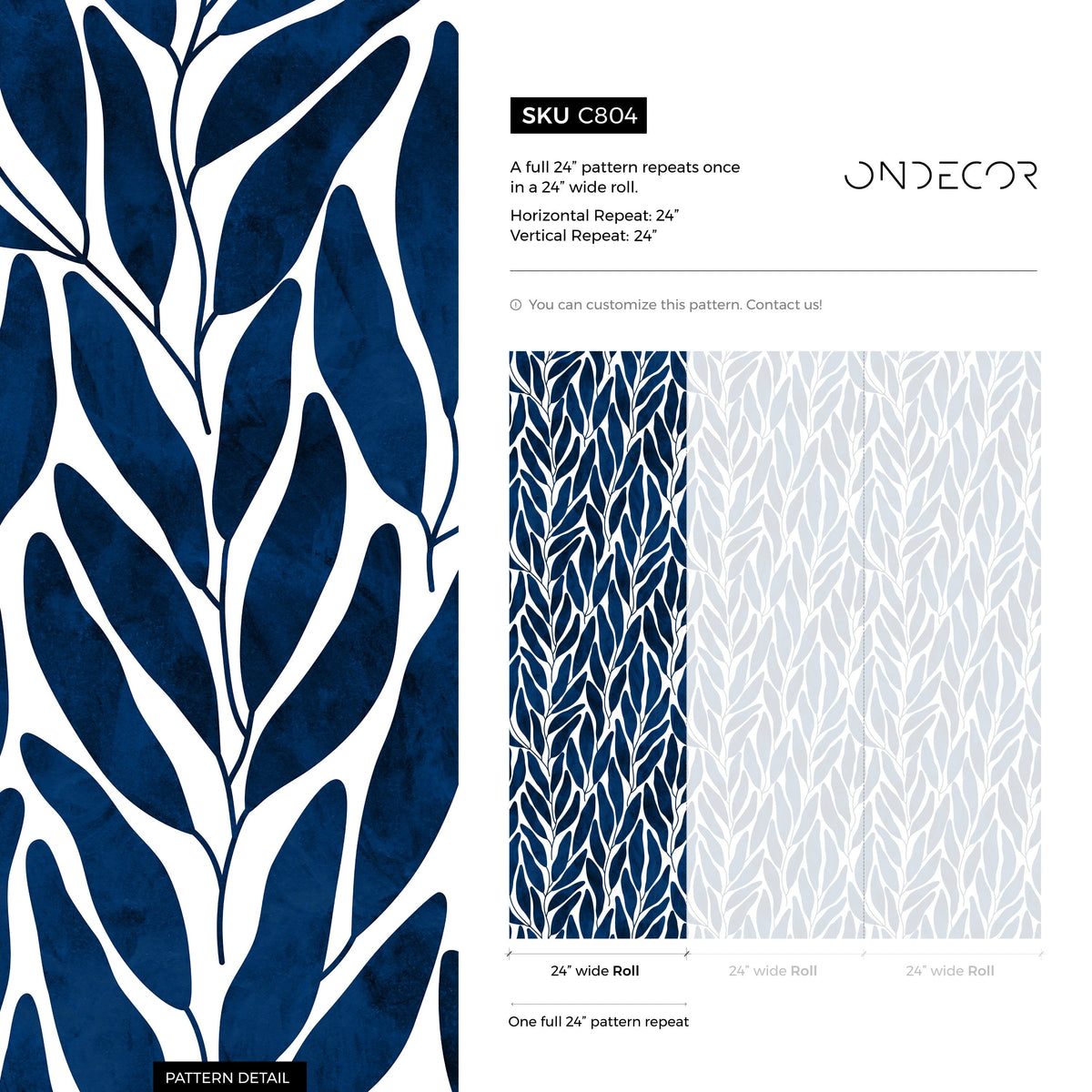 Navy Blue Leaf Boho Wallpaper / Peel and Stick Wallpaper Removable Wallpaper Home Decor Wall Art Wall Decor Room Decor - C804