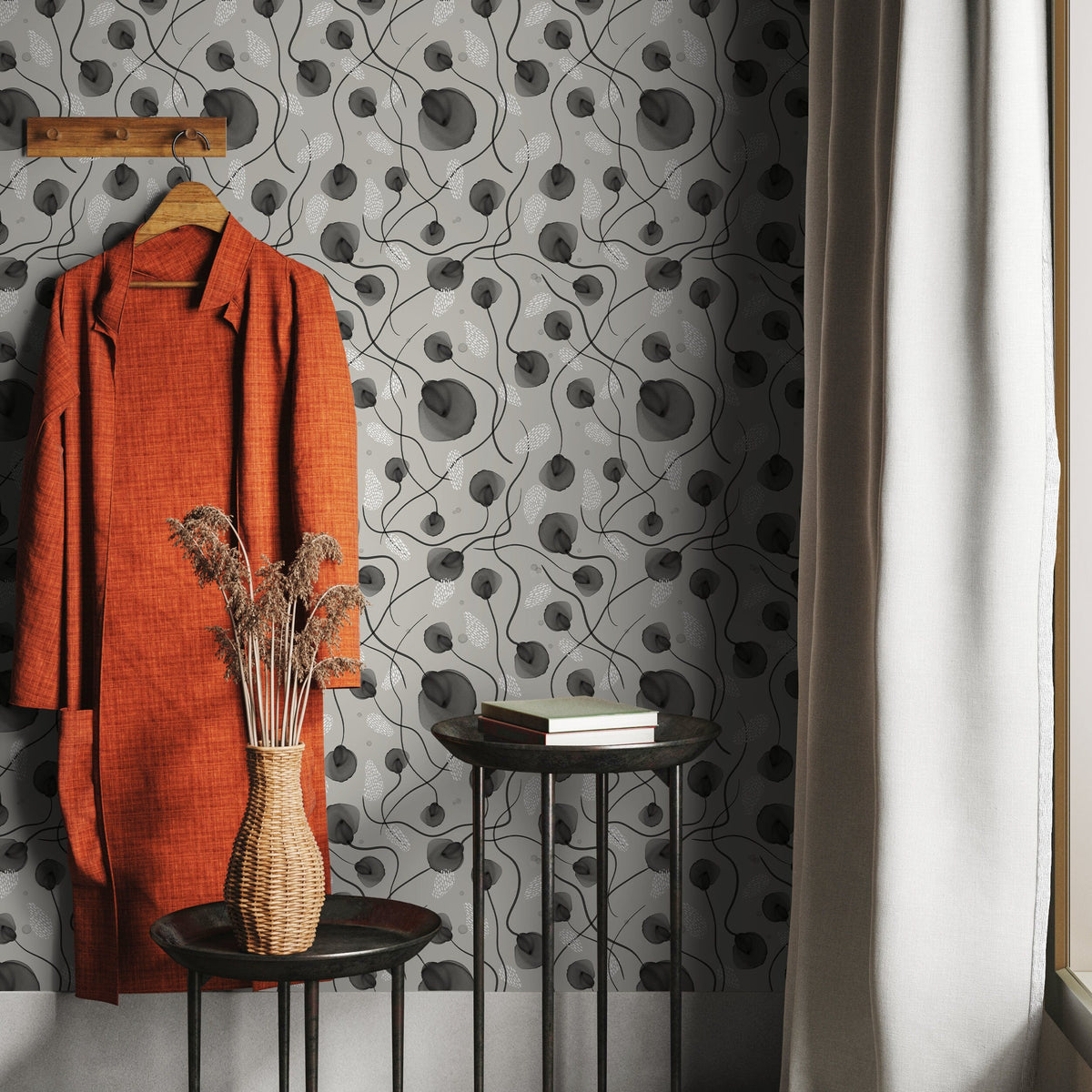 Removable Wallpaper Wallpaper Plants Wallpaper Peel and Stick Wallpaper / Watercolor Gray Wallpaper- X124