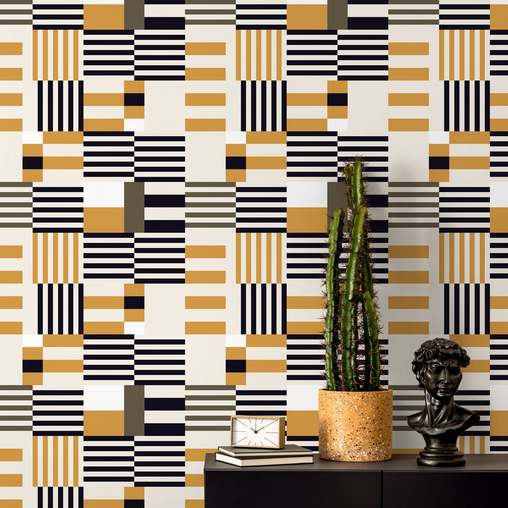 Geometric Wallpaper Modern Black and Yellow Wallpaper Peel and Stick and Traditional Wallpaper - D847