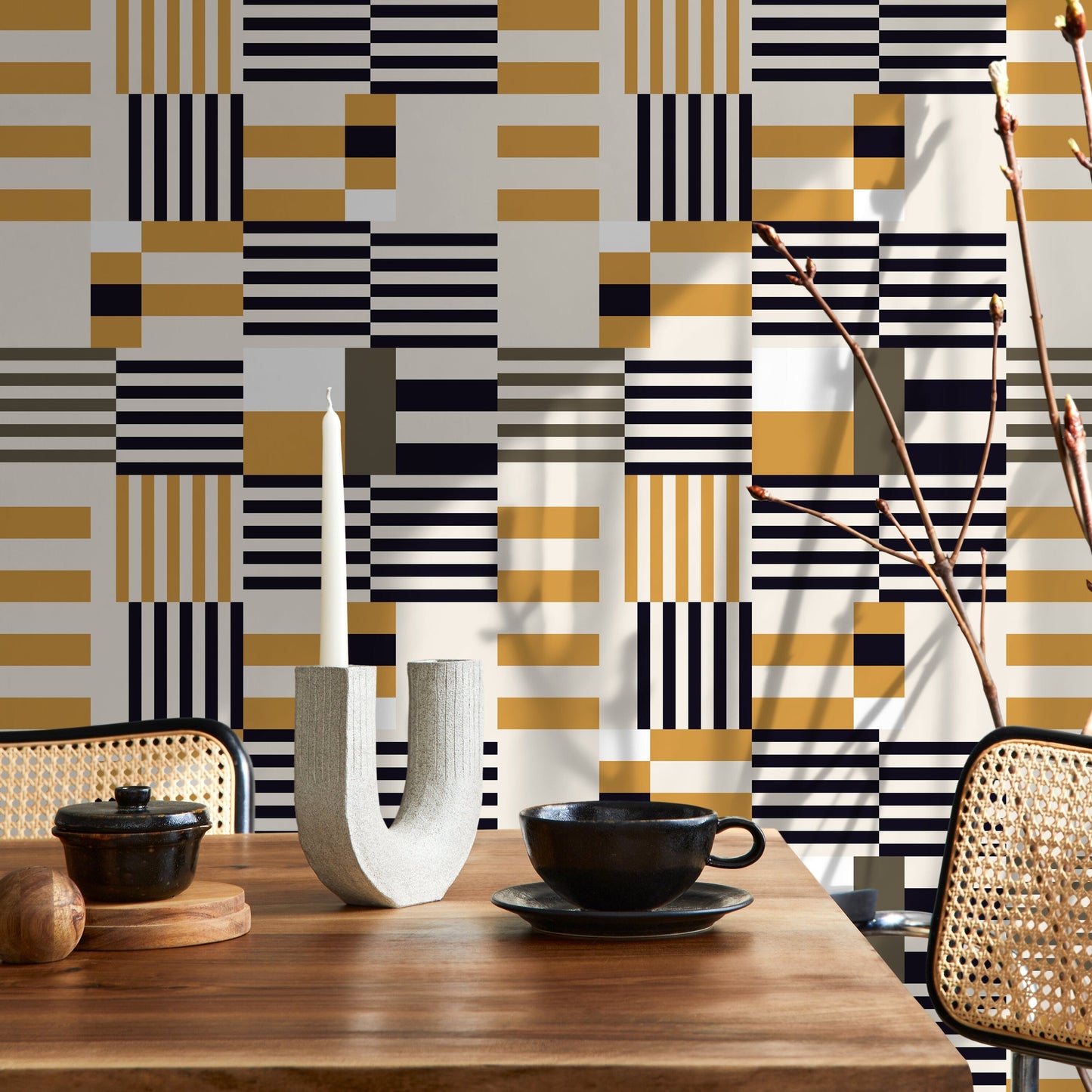 Geometric Wallpaper Modern Black and Yellow Wallpaper Peel and Stick and Traditional Wallpaper - D847