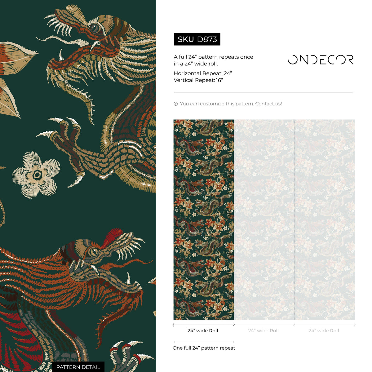 Chinoiserie Wallpaper Floral Dark Green Wallpaper Peel and Stick and Traditional Wallpaper - D873