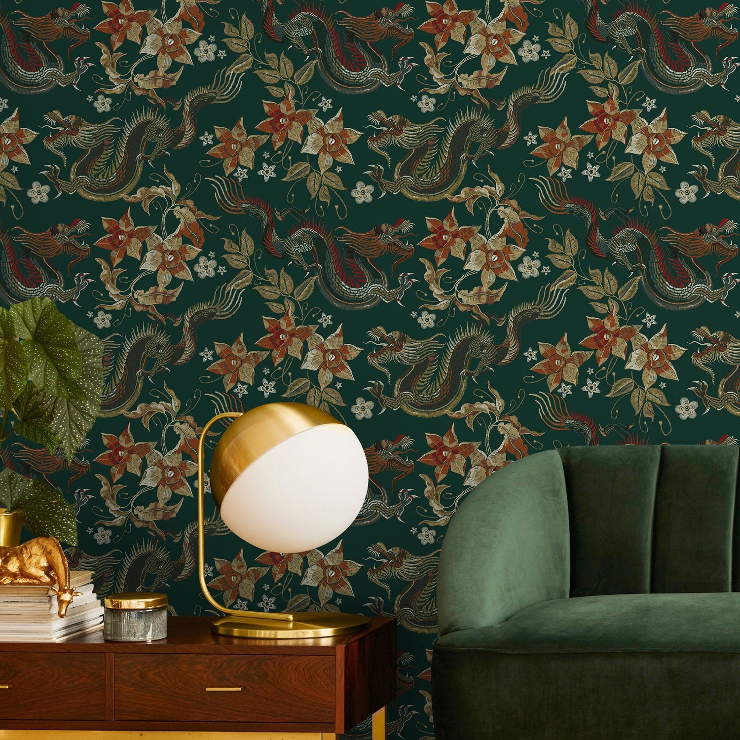 Chinoiserie Wallpaper Floral Dark Green Wallpaper Peel and Stick and Traditional Wallpaper - D873