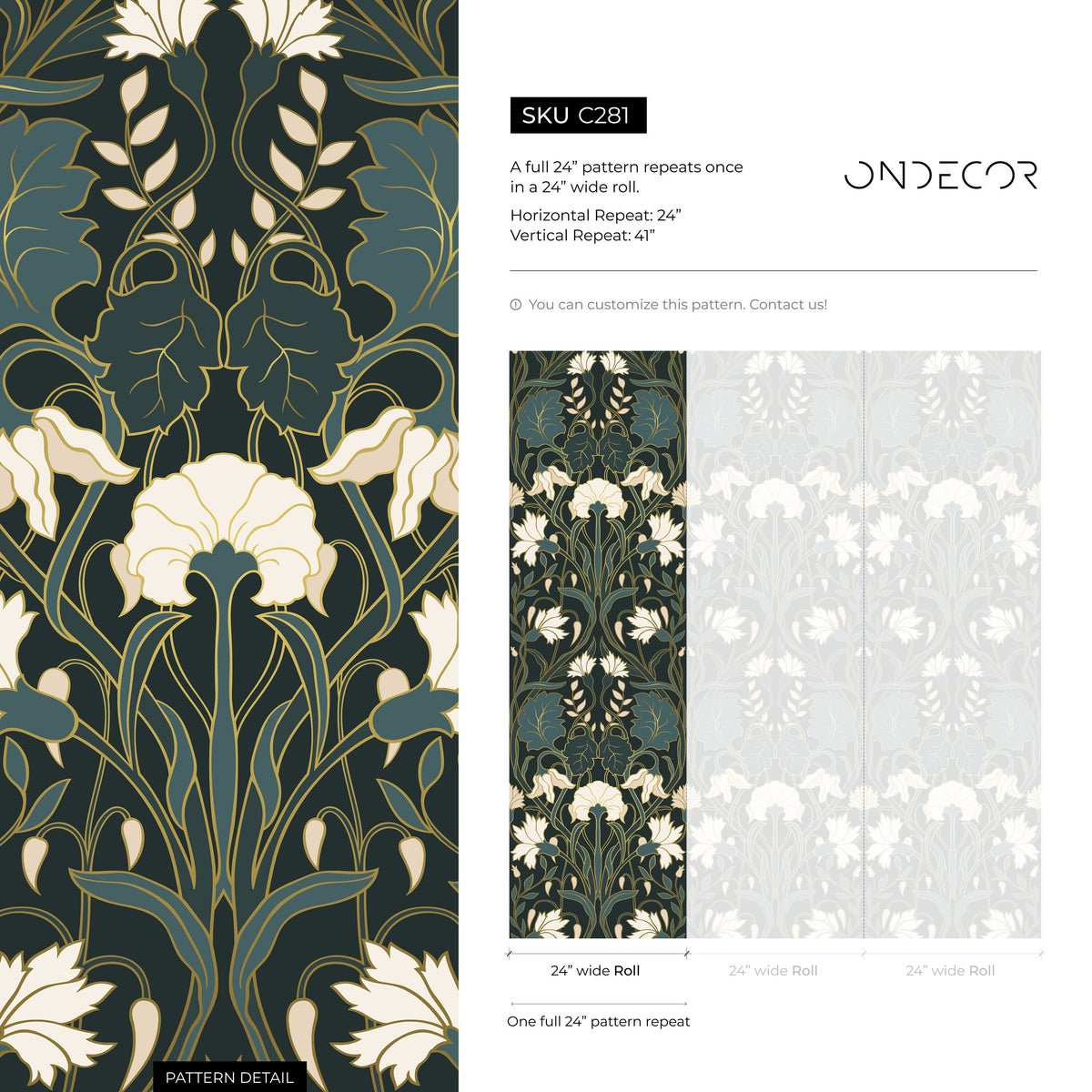 Green Floral Art Nouveau Wallpaper Peel and Stick and Traditional Wallpaper - C281
