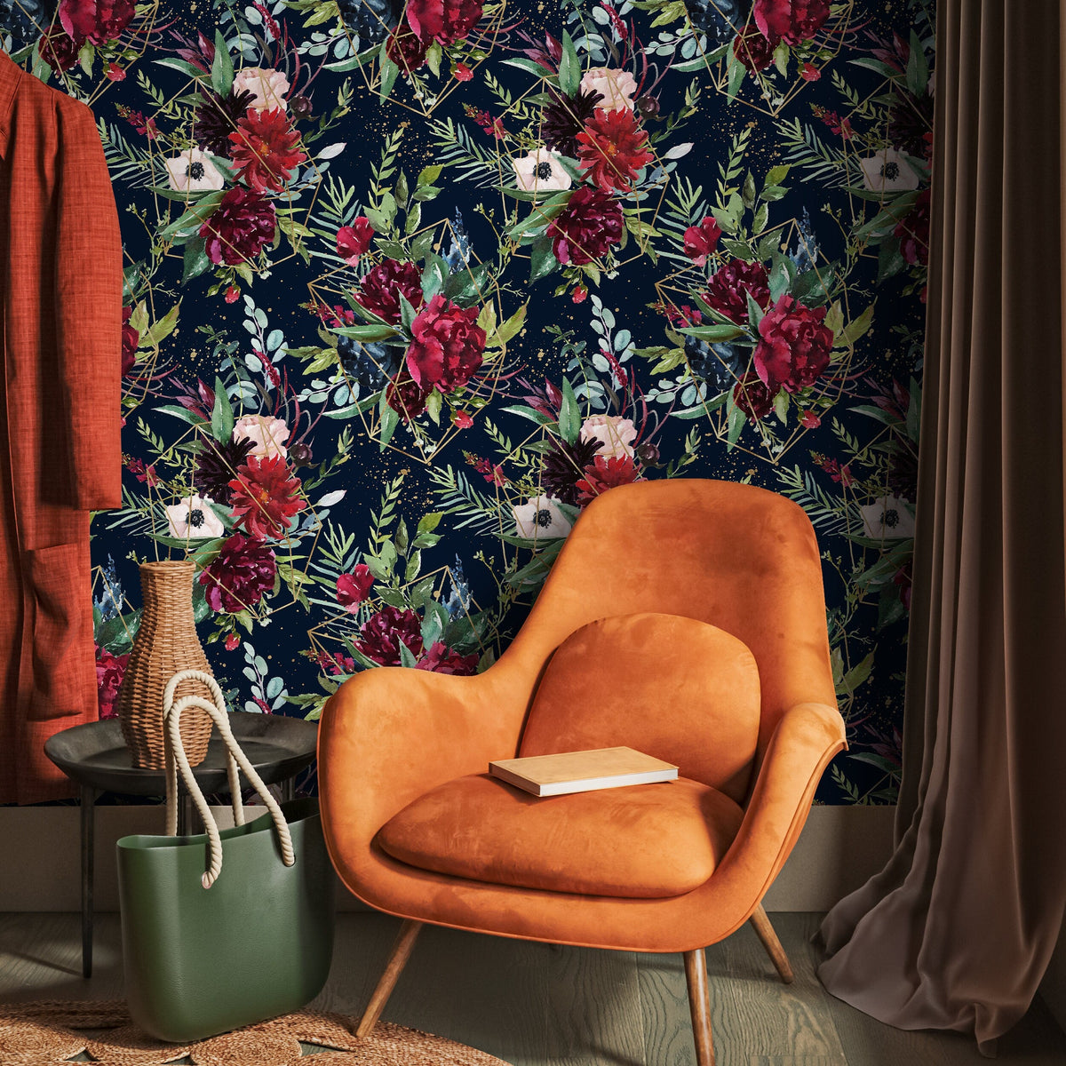 Dark Floral Wallpaper, Removable Floral Wallpaper, Vintage Wallpapers, Wallpaper, Wall Paper Removable, Wallpaper - A833
