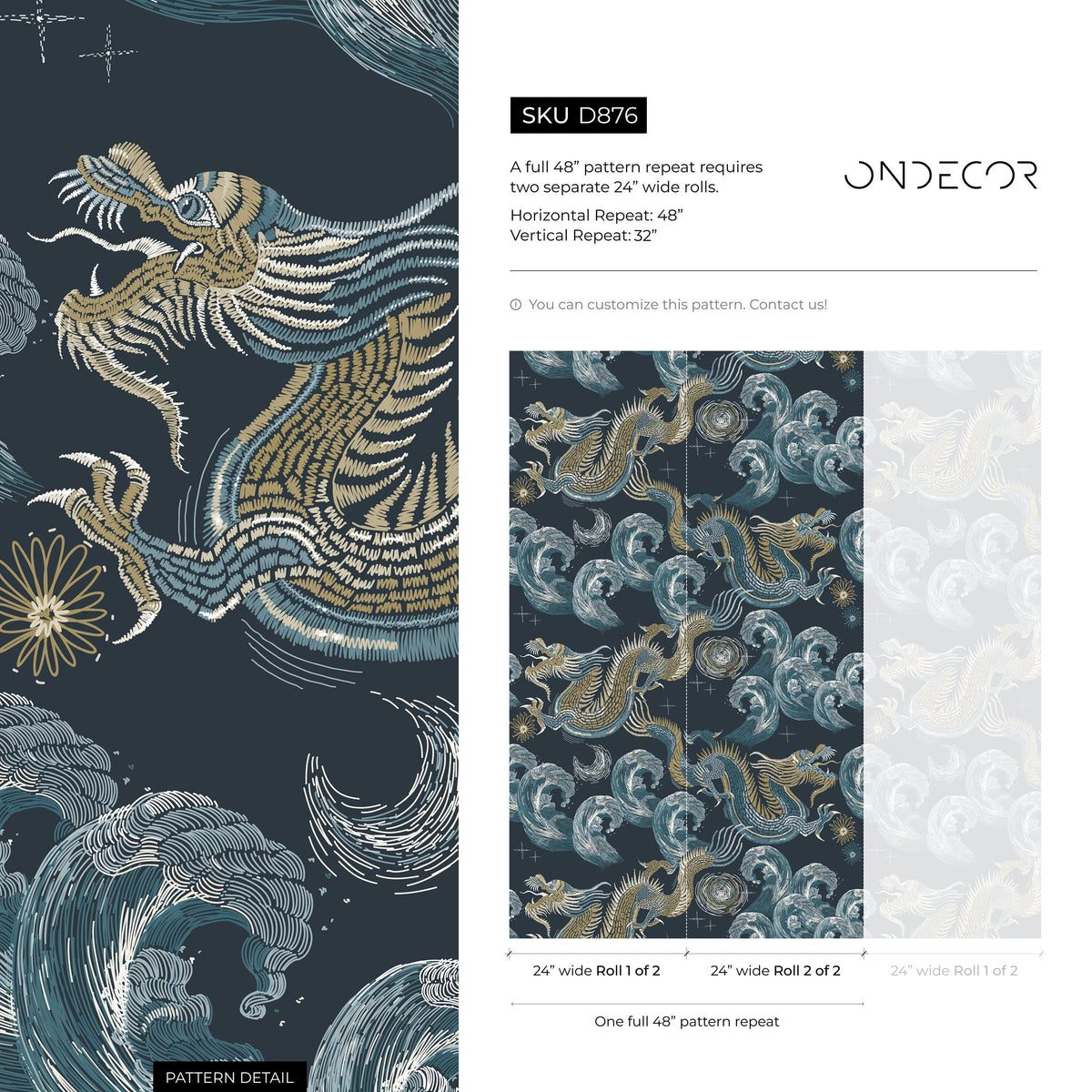 Blue Chinoiserie Wallpaper Vintage Dragon Wallpaper Peel and Stick and Traditional Wallpaper - D876