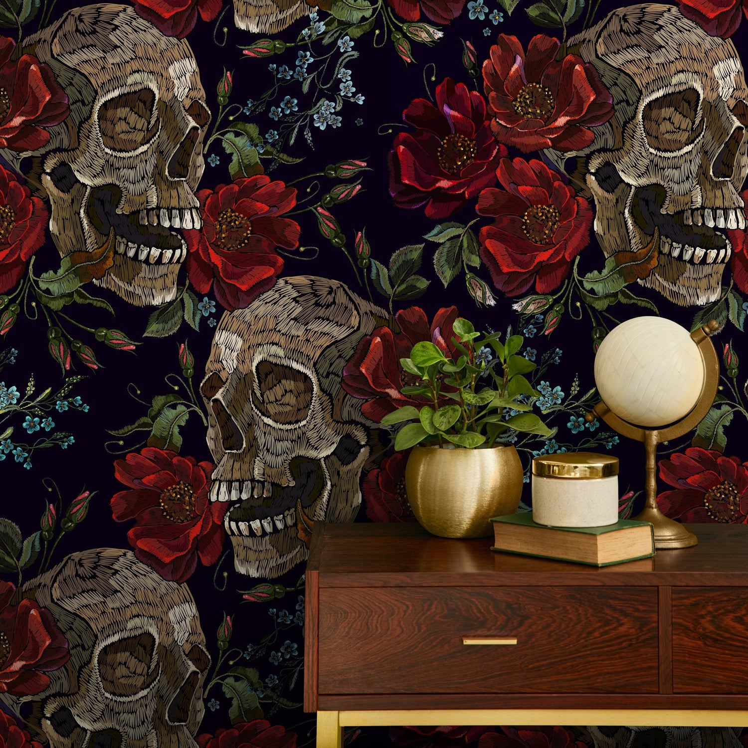 Dark Roses Wallpaper Gothic Skull Wallpaper Peel and Stick and Traditional Wallpaper - D893