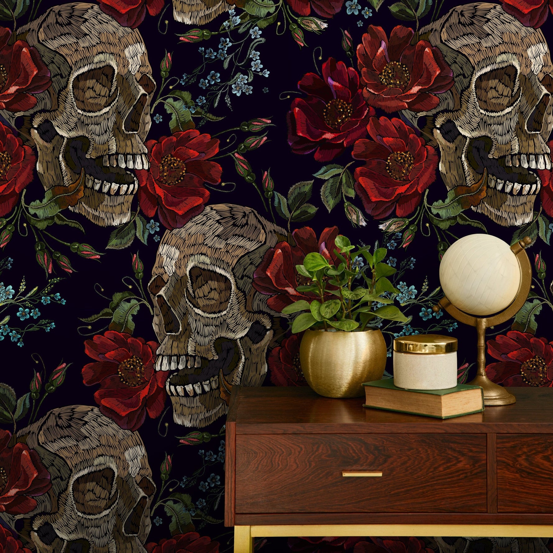 Dark Roses Wallpaper Gothic Skull Wallpaper Peel and Stick and Traditional Wallpaper - D893