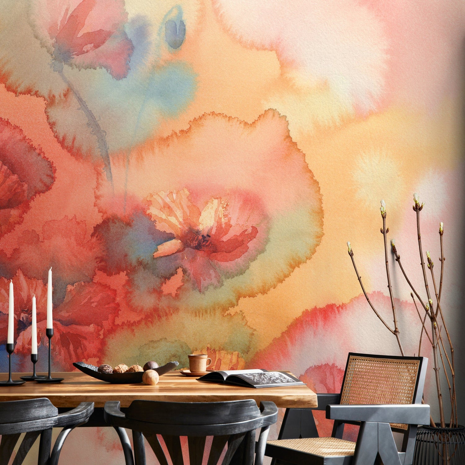 Watercolor Mural, Fresh Spring Flower Watercolor, Wall Mural, Red Florals, Floral Watercolor, Watercolor Removable Wallpaper - A162