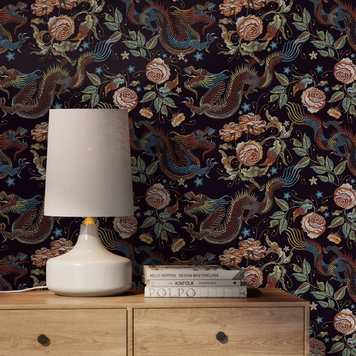Dark Chinoiserie Wallpaper Dragon and Roses Wallpaper Peel and Stick and Traditional Wallpaper - D879