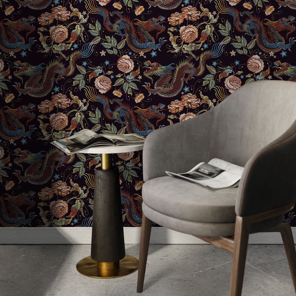 Dark Chinoiserie Wallpaper Dragon and Roses Wallpaper Peel and Stick and Traditional Wallpaper - D879