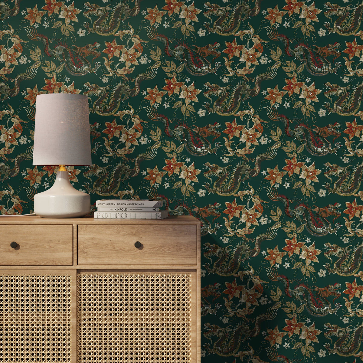 Chinoiserie Wallpaper Floral Dark Green Wallpaper Peel and Stick and Traditional Wallpaper - D873