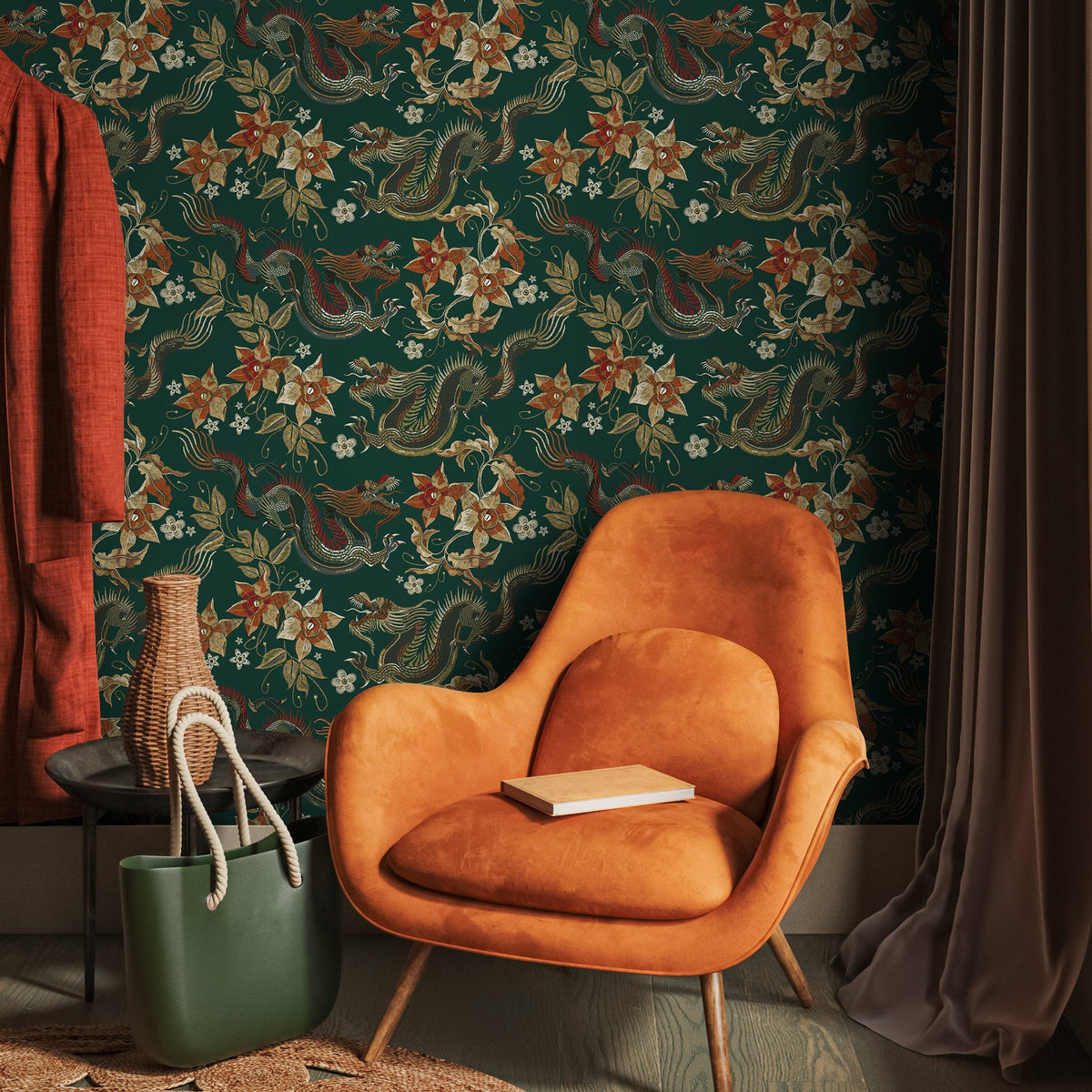 Chinoiserie Wallpaper Floral Dark Green Wallpaper Peel and Stick and Traditional Wallpaper - D873