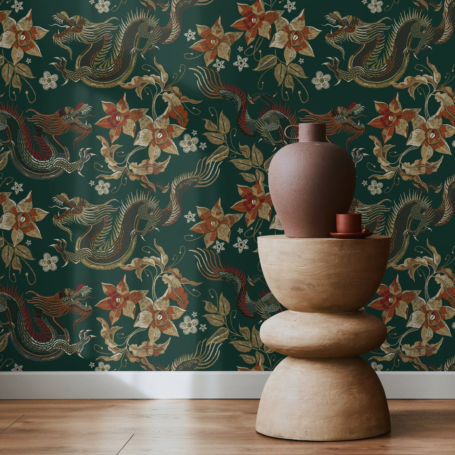 Chinoiserie Wallpaper Floral Dark Green Wallpaper Peel and Stick and Traditional Wallpaper - D873