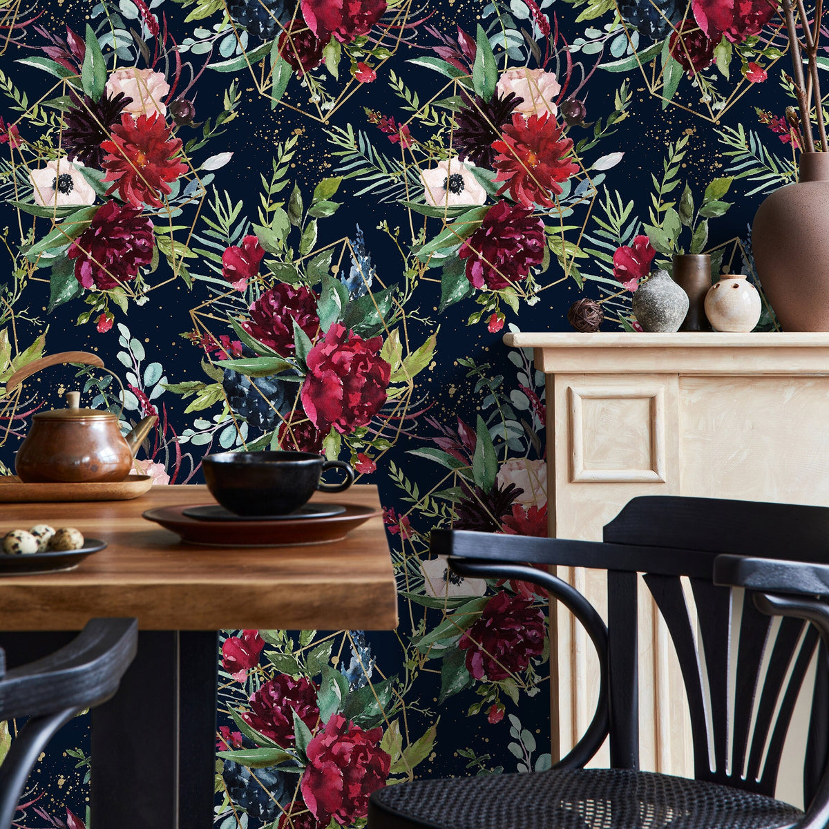 Dark Floral Wallpaper, Removable Floral Wallpaper, Vintage Wallpapers, Wallpaper, Wall Paper Removable, Wallpaper - A833