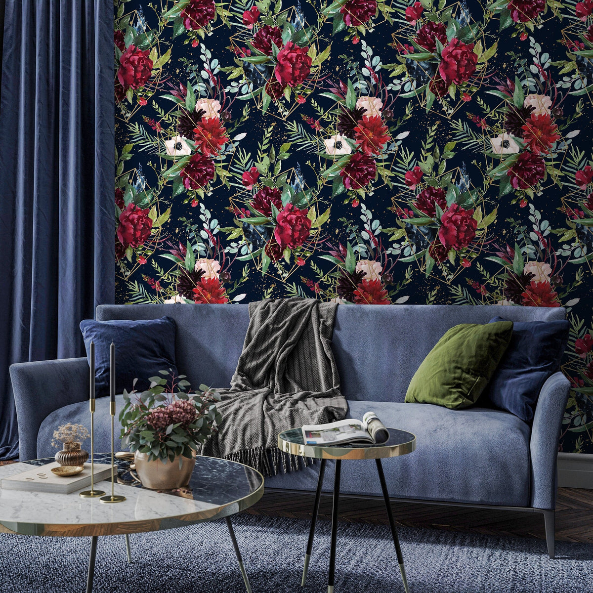 Dark Floral Wallpaper, Removable Floral Wallpaper, Vintage Wallpapers, Wallpaper, Wall Paper Removable, Wallpaper - A833
