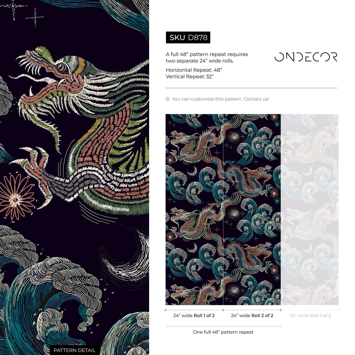 Celestial Chinoiserie Wallpaper Vintage Dragon Wallpaper Peel and Stick and Traditional Wallpaper - D878