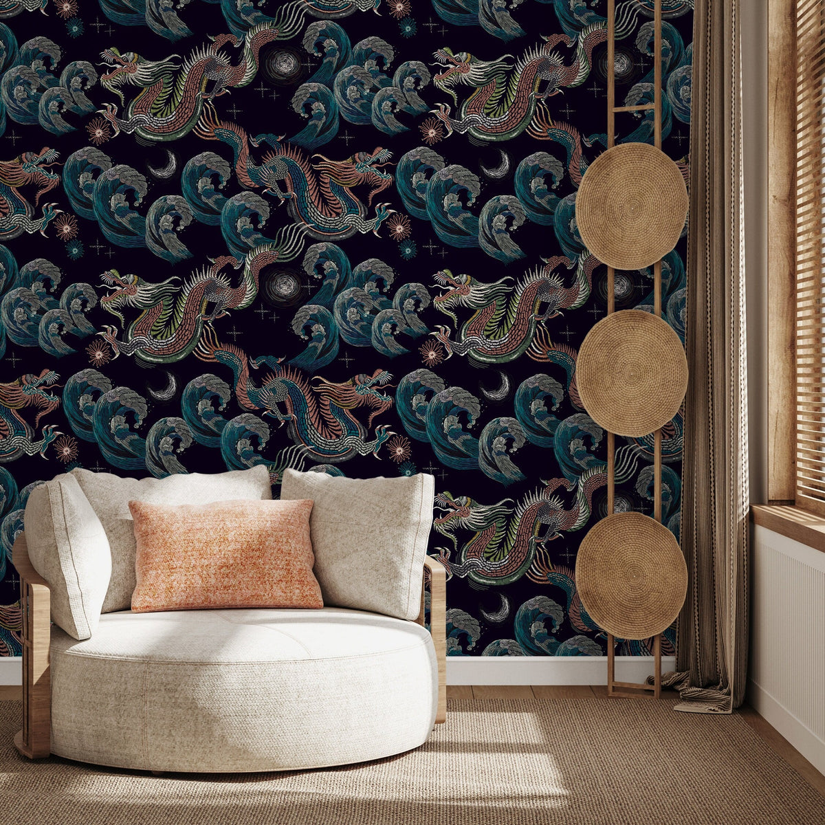 Celestial Chinoiserie Wallpaper Vintage Dragon Wallpaper Peel and Stick and Traditional Wallpaper - D878