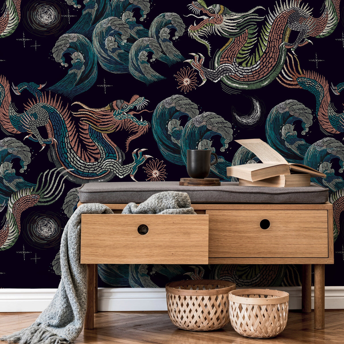 Celestial Chinoiserie Wallpaper Vintage Dragon Wallpaper Peel and Stick and Traditional Wallpaper - D878