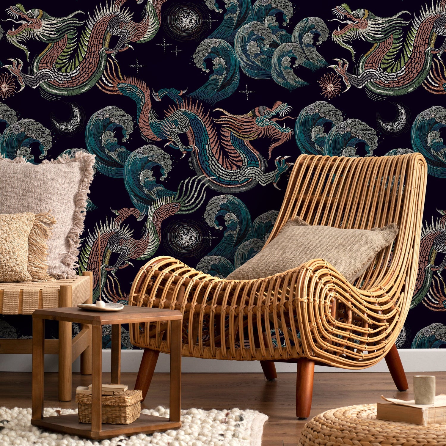 Celestial Chinoiserie Wallpaper Vintage Dragon Wallpaper Peel and Stick and Traditional Wallpaper - D878