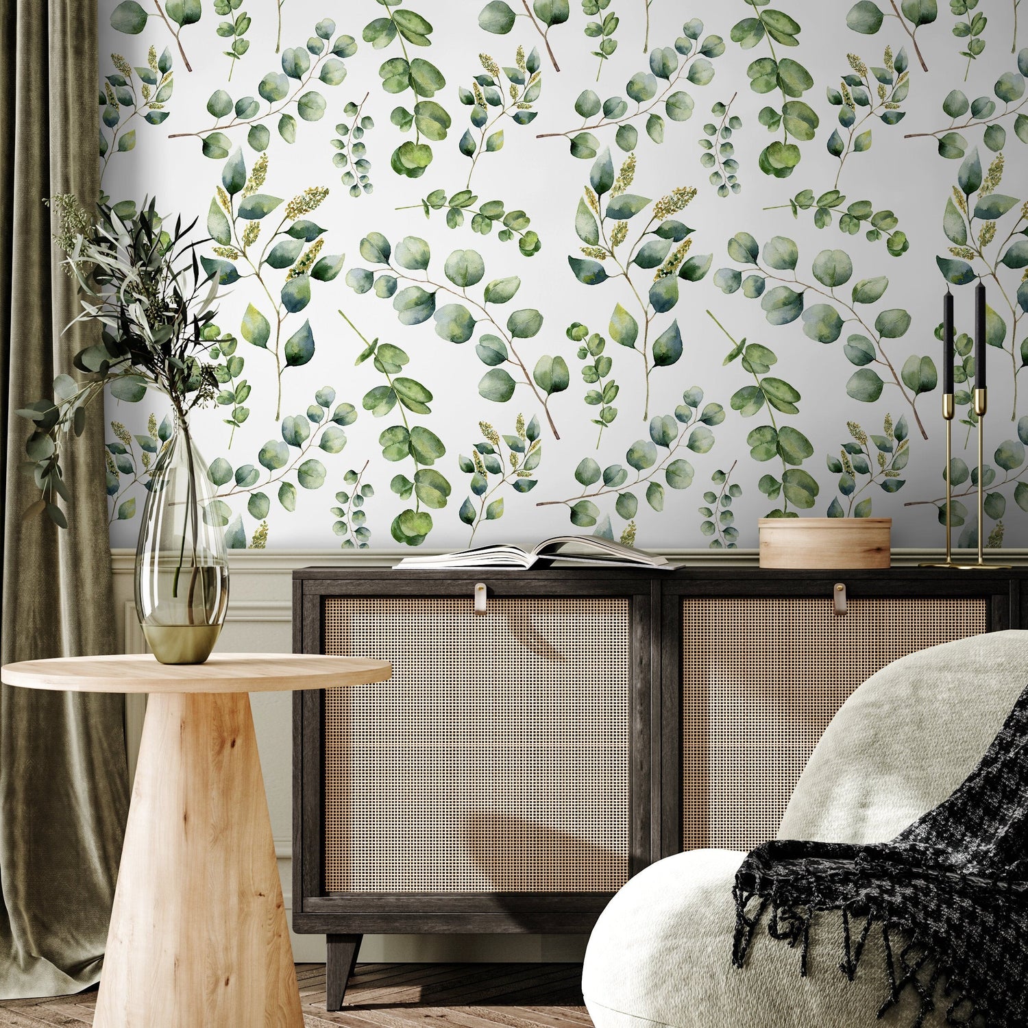 Eucalyptus Removable Wallpaper Temporary Wallpaper Foliage Self Adhesive Peel and Stick Wallpaper Minimalistic Leaves - A649