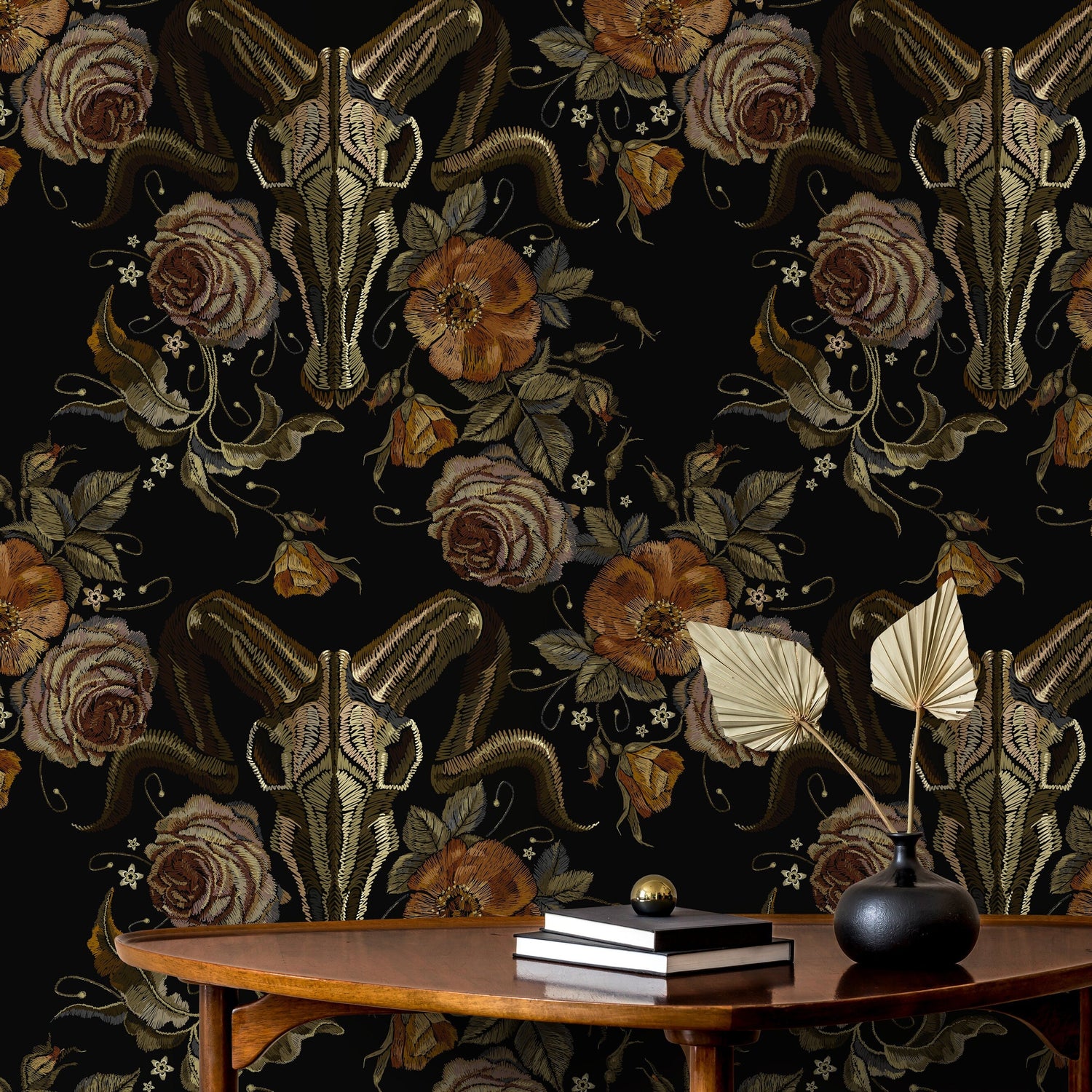 Dark Floral Wallpaper Goat Skull Wallpaper Peel and Stick and Traditional Wallpaper - D888