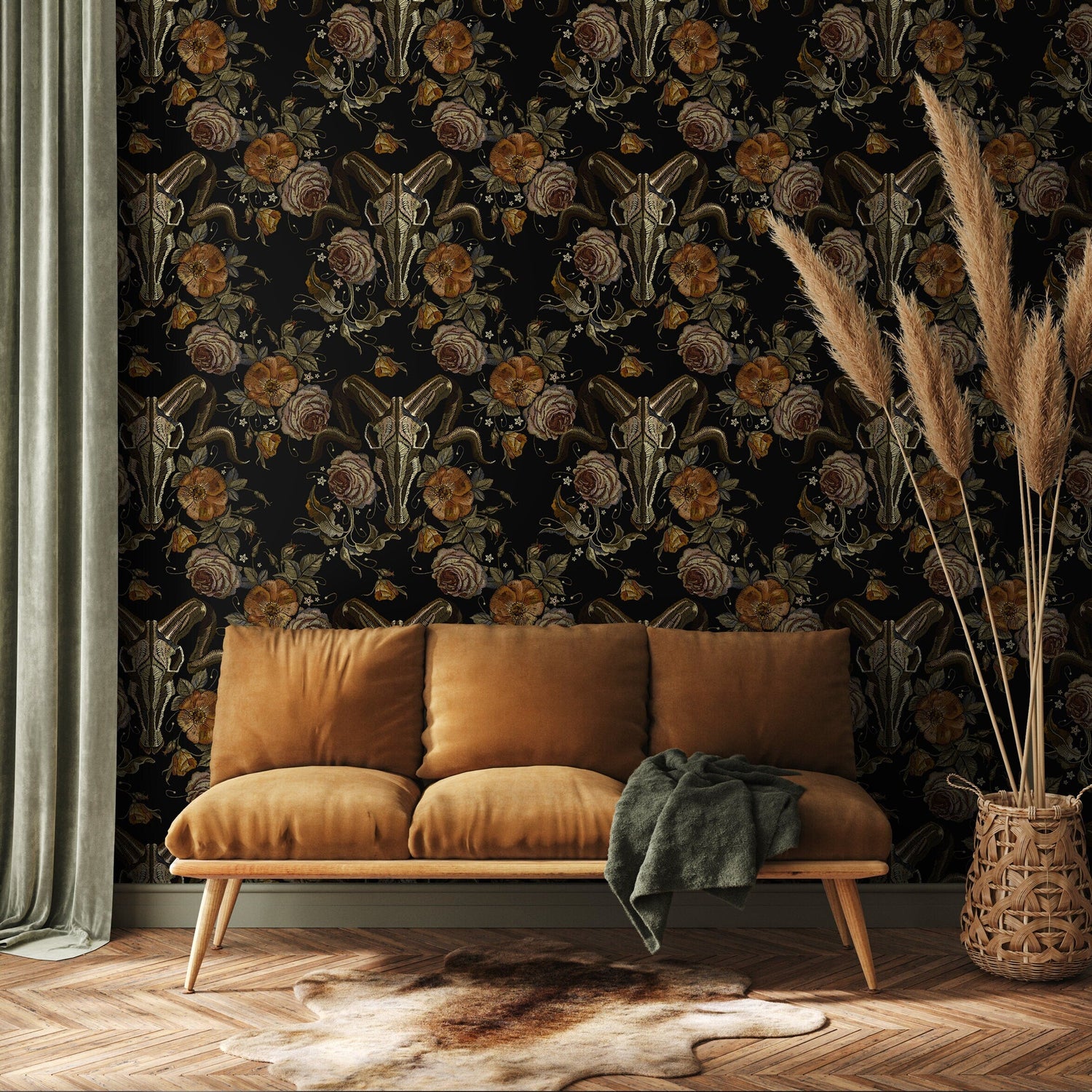 Dark Floral Wallpaper Goat Skull Wallpaper Peel and Stick and Traditional Wallpaper - D888