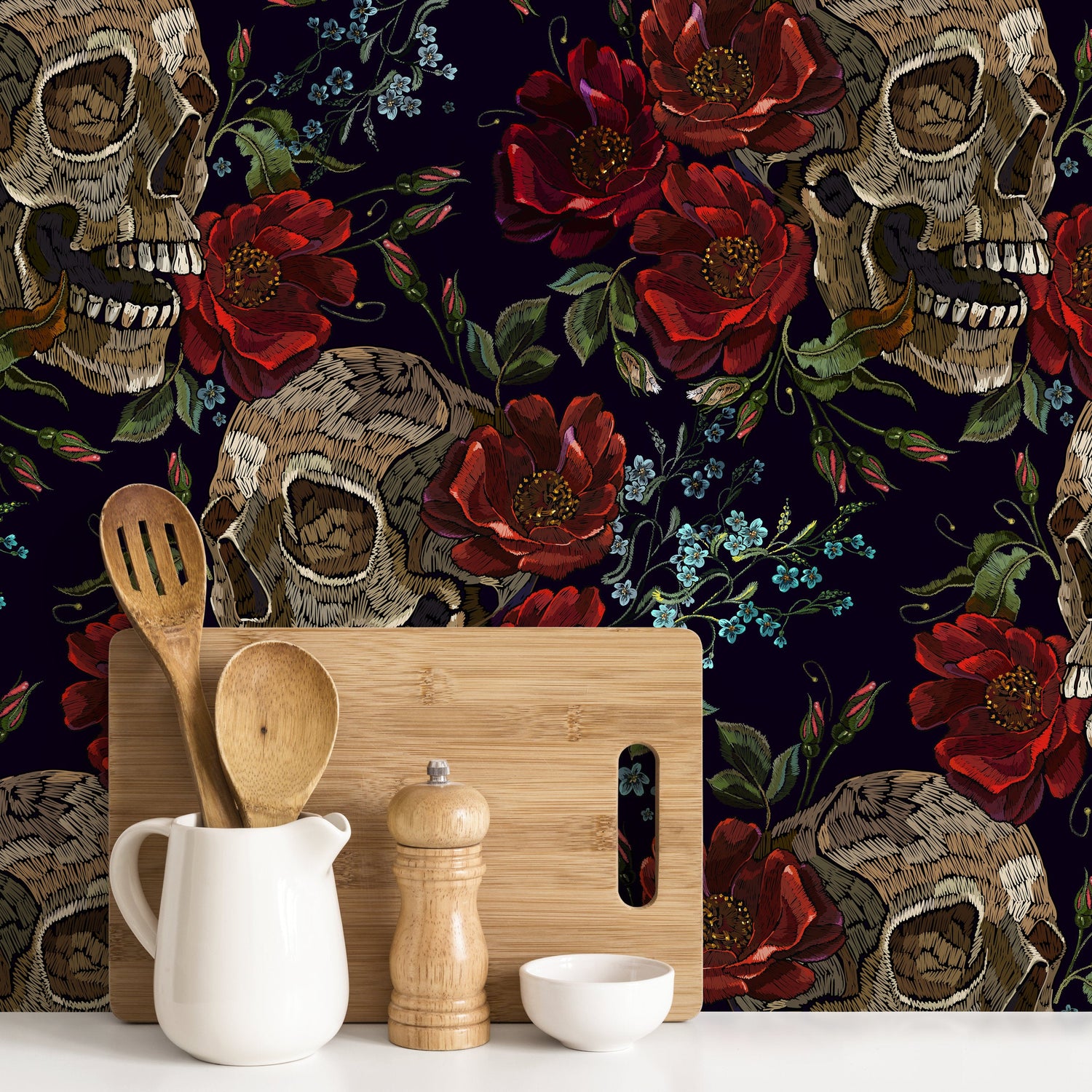 Dark Roses Wallpaper Gothic Skull Wallpaper Peel and Stick and Traditional Wallpaper - D893