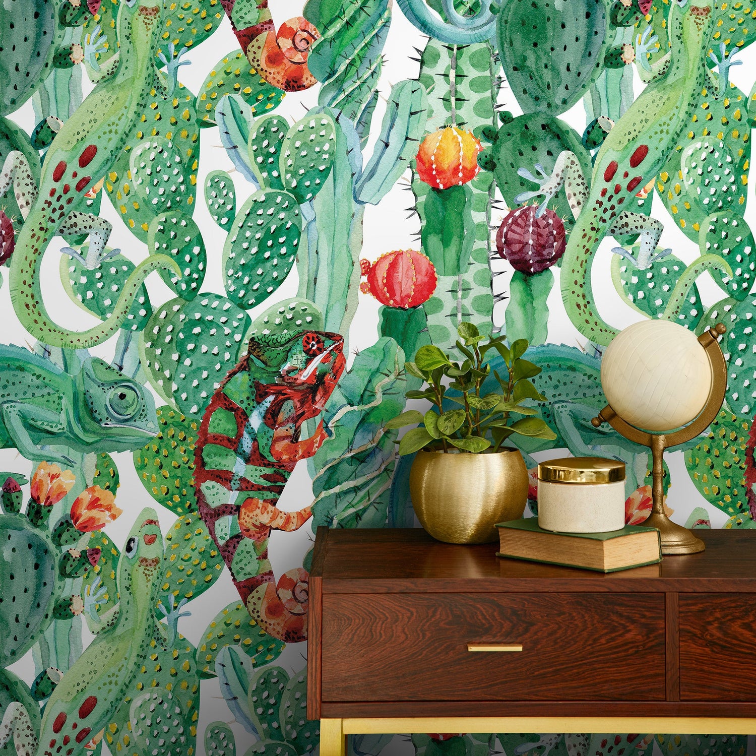 Chameleons Removable Wallpaper, Cactus Wallpaper, Peel and Stick Fabric Wallpaper, Custom Design Wall, Wallpaper Opuntia - A315