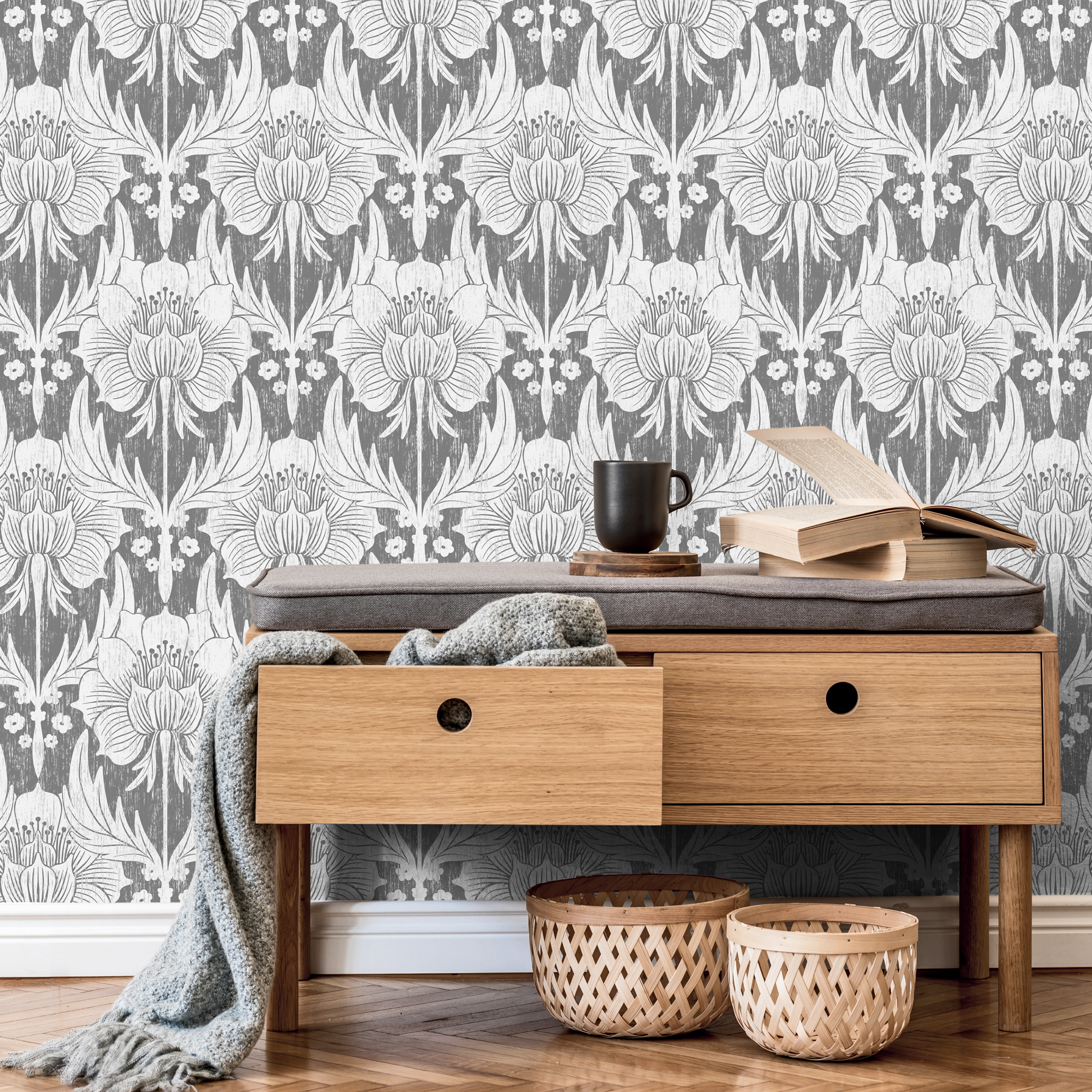 Gray And White Floral Peel And Stick Wallpaper