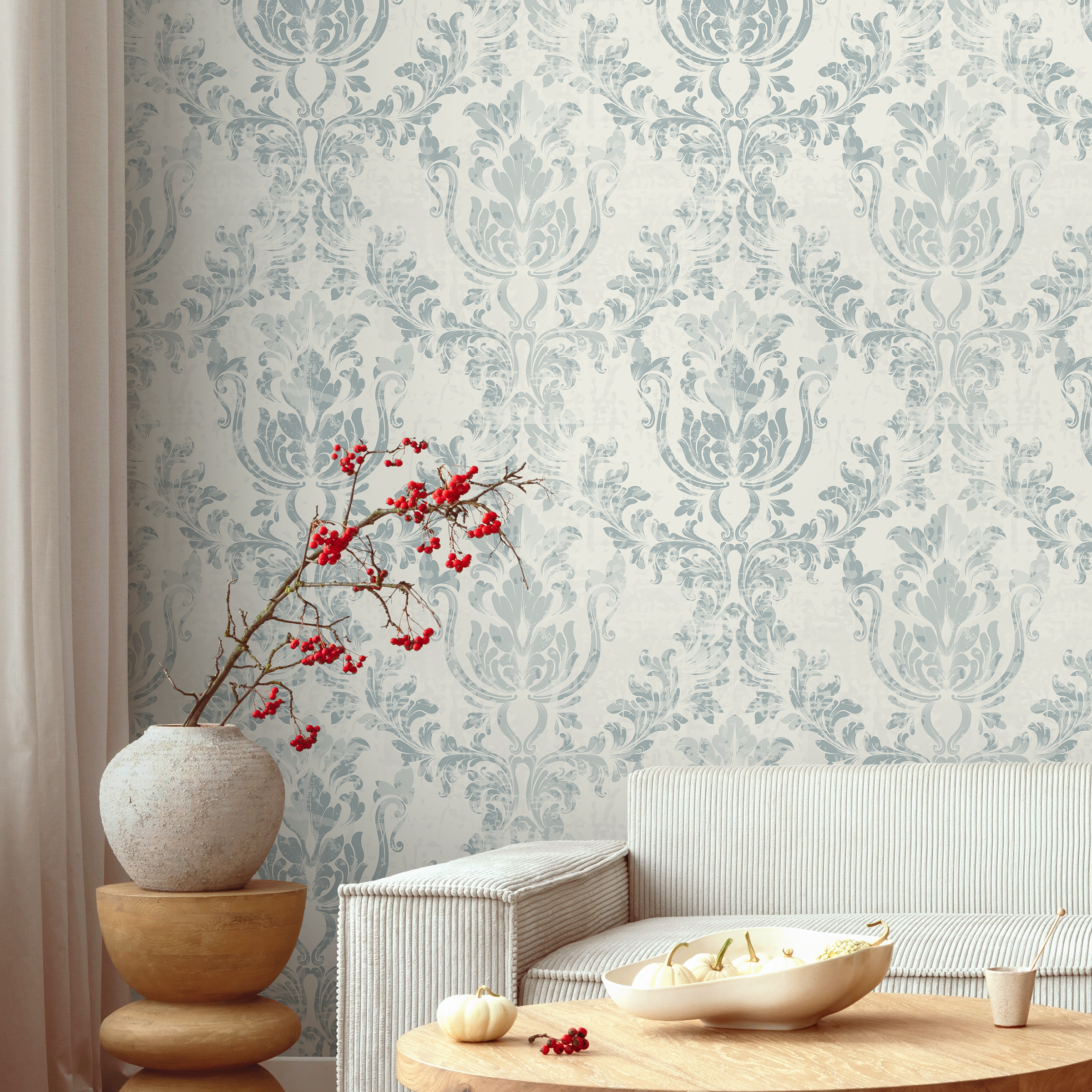 Blue and White Damask Peel and Stick Wallpaper