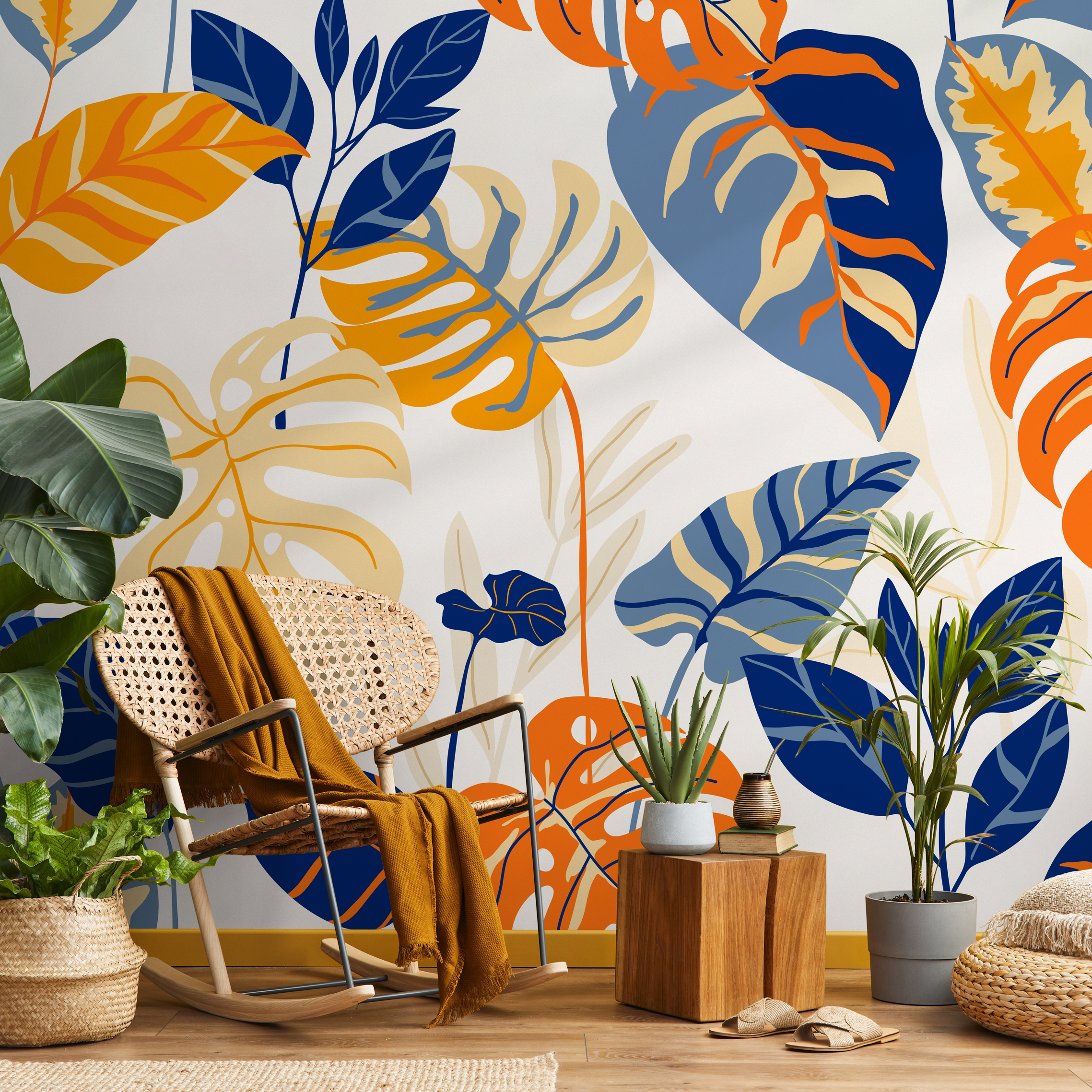 Blue and Yellow Monstera Peel and Stick Wallpaper