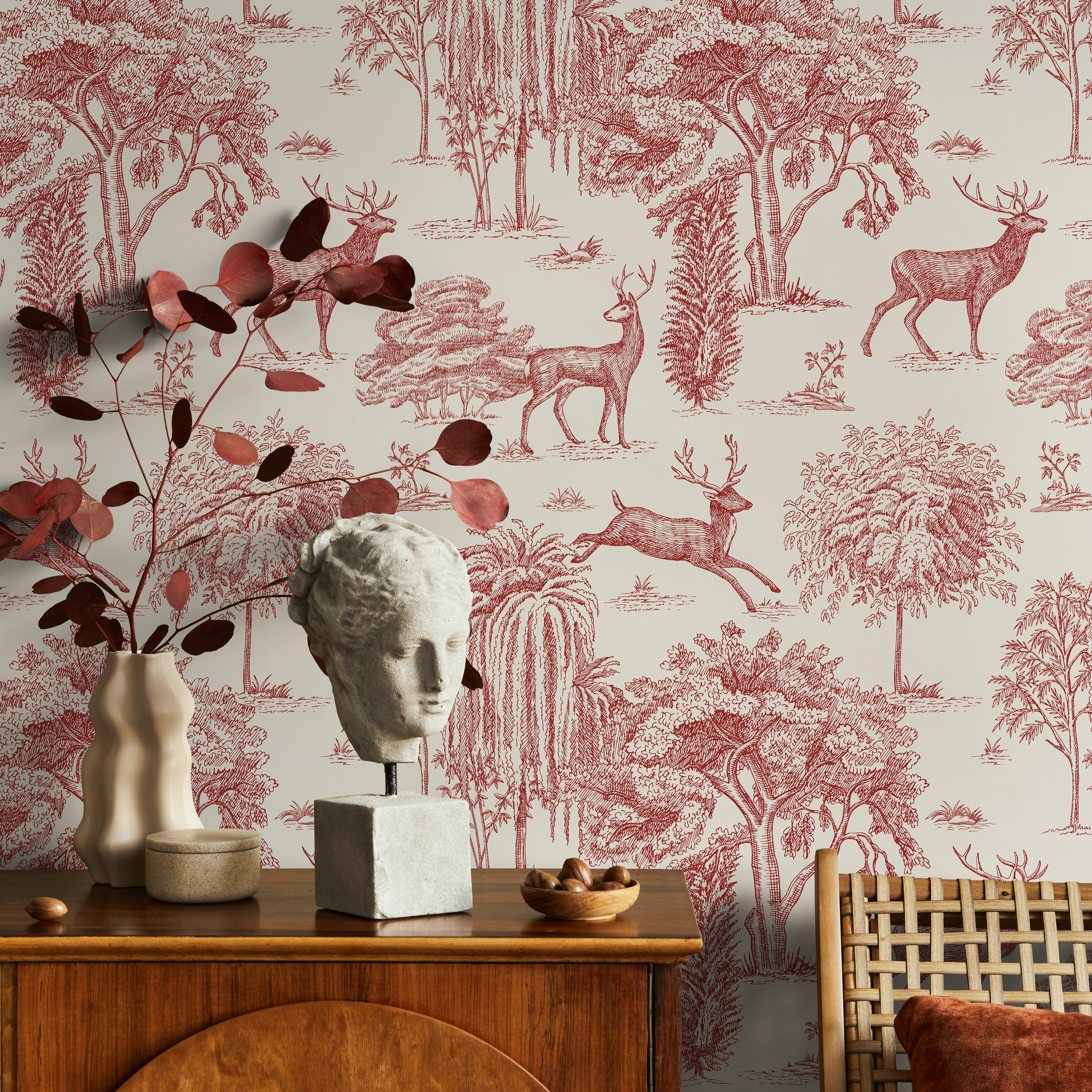 Red Toile Peel And Stick Wallpaper