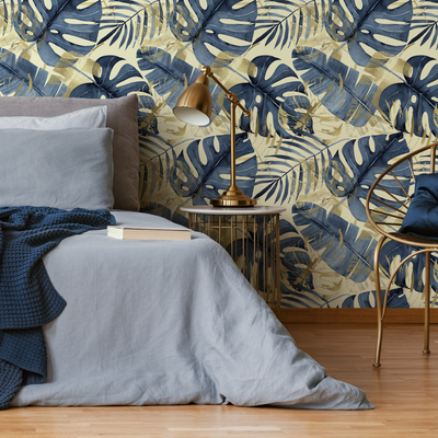 Blue and Gold Monstera Wallpaper