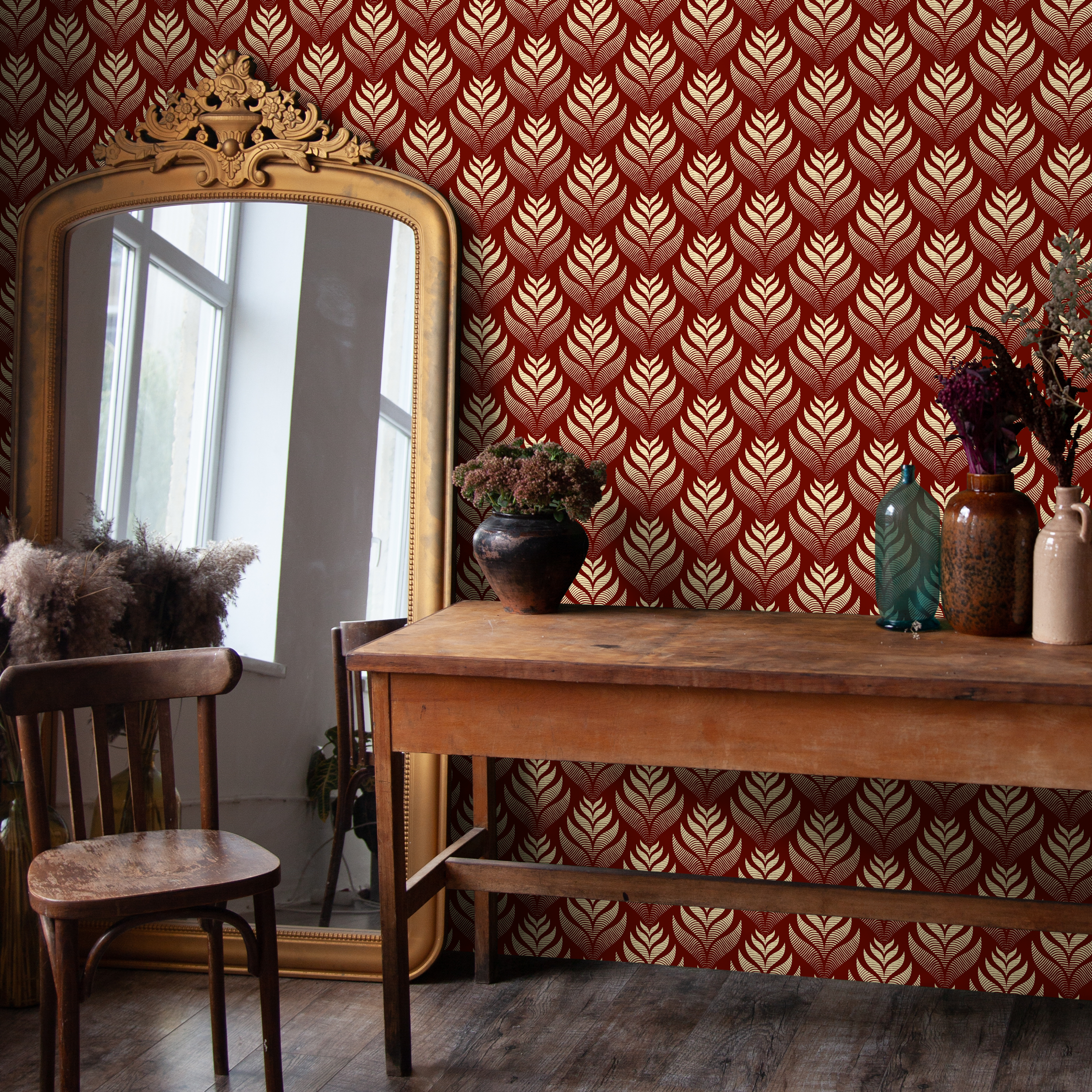 Red Art Deco Wallpaper