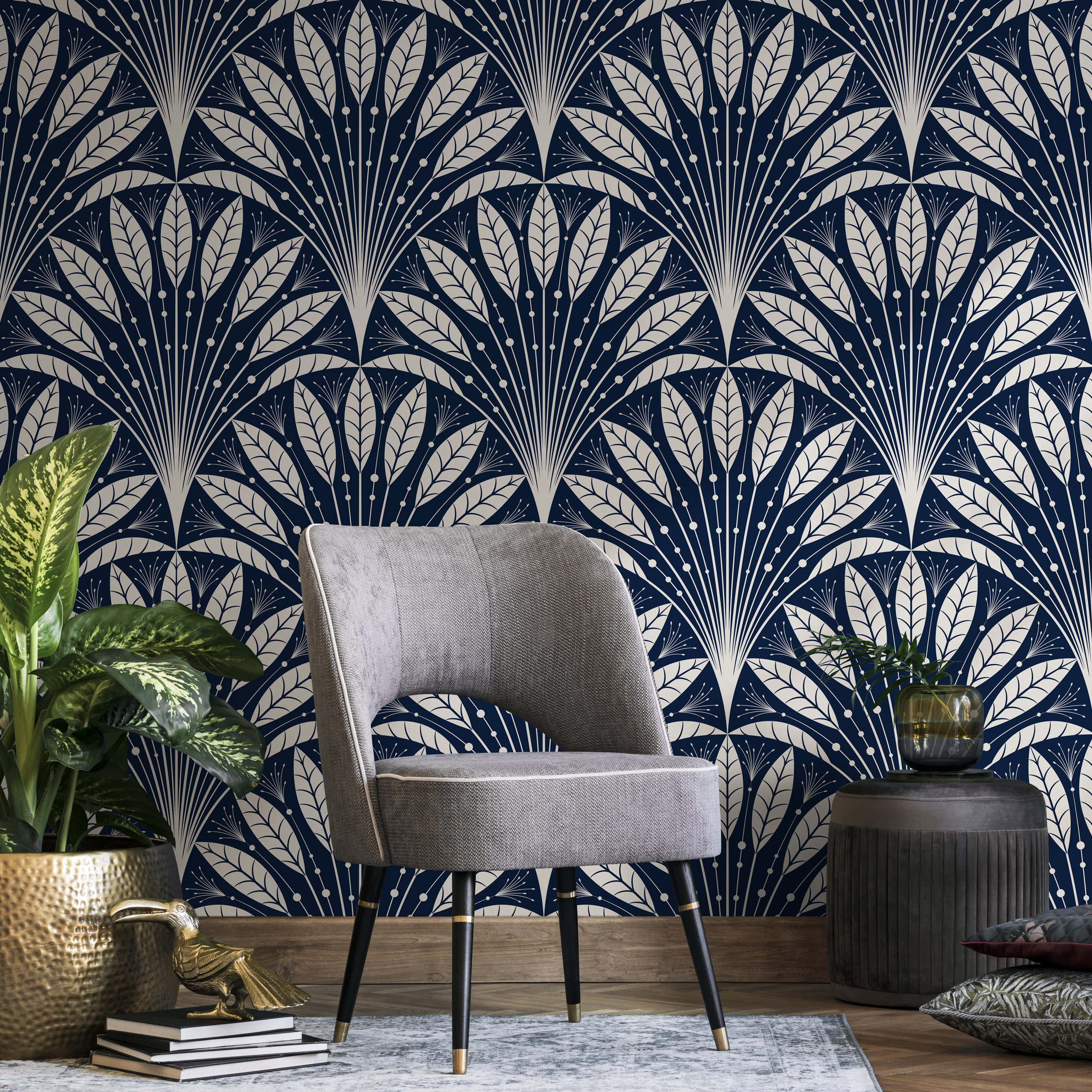 Blue and White Art Deco Wallpaper